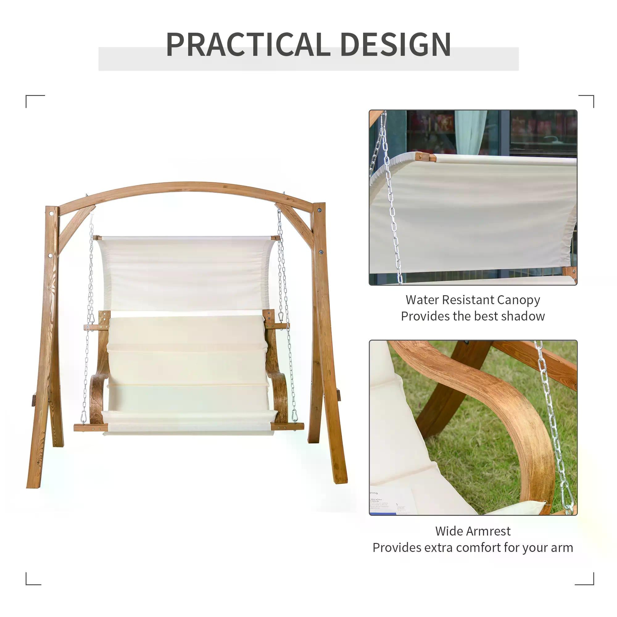 Wooden Porch Swing Chair A-Frame Wood Log Swing Bench Chair With Canopy and Cushion for Patio Garden Yard-4