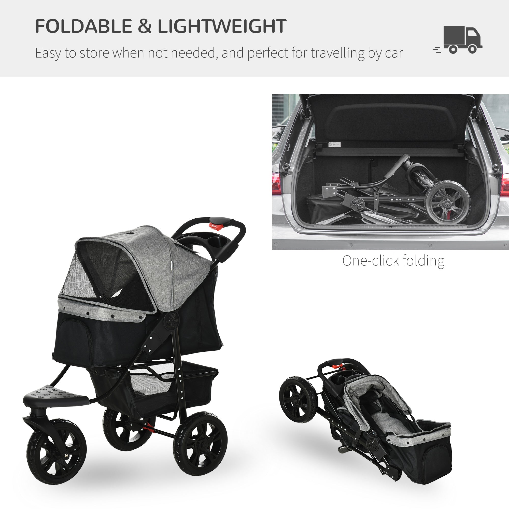 Dog Pushchair Folding Pet Stroller 3 Wheel Dog Jogger Travel Carrier Adjustable Canopy Storage Brake Mesh Window Grey-4