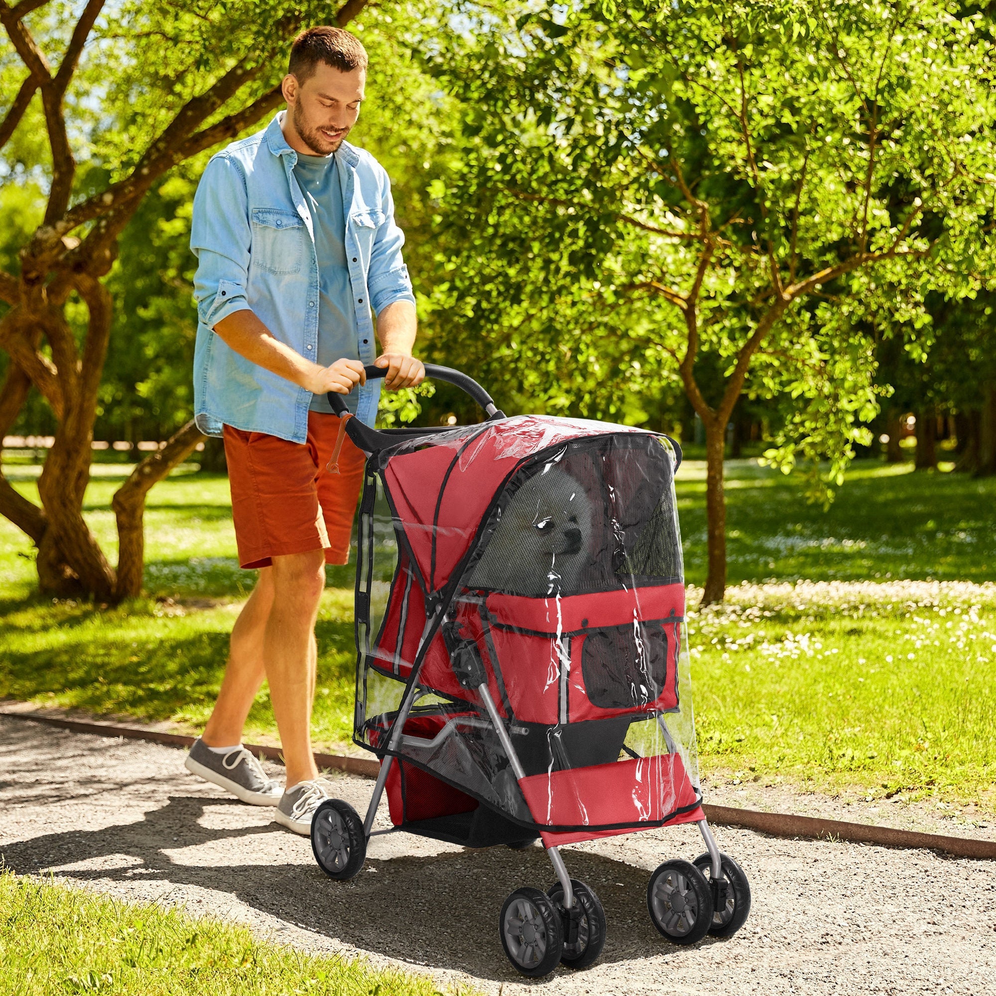 Dog Stroller with Rain Cover for Small Miniature Dogs, Folding Pet Pram with Cup Holder, Storage Basket, Reflective Strips, Red-1