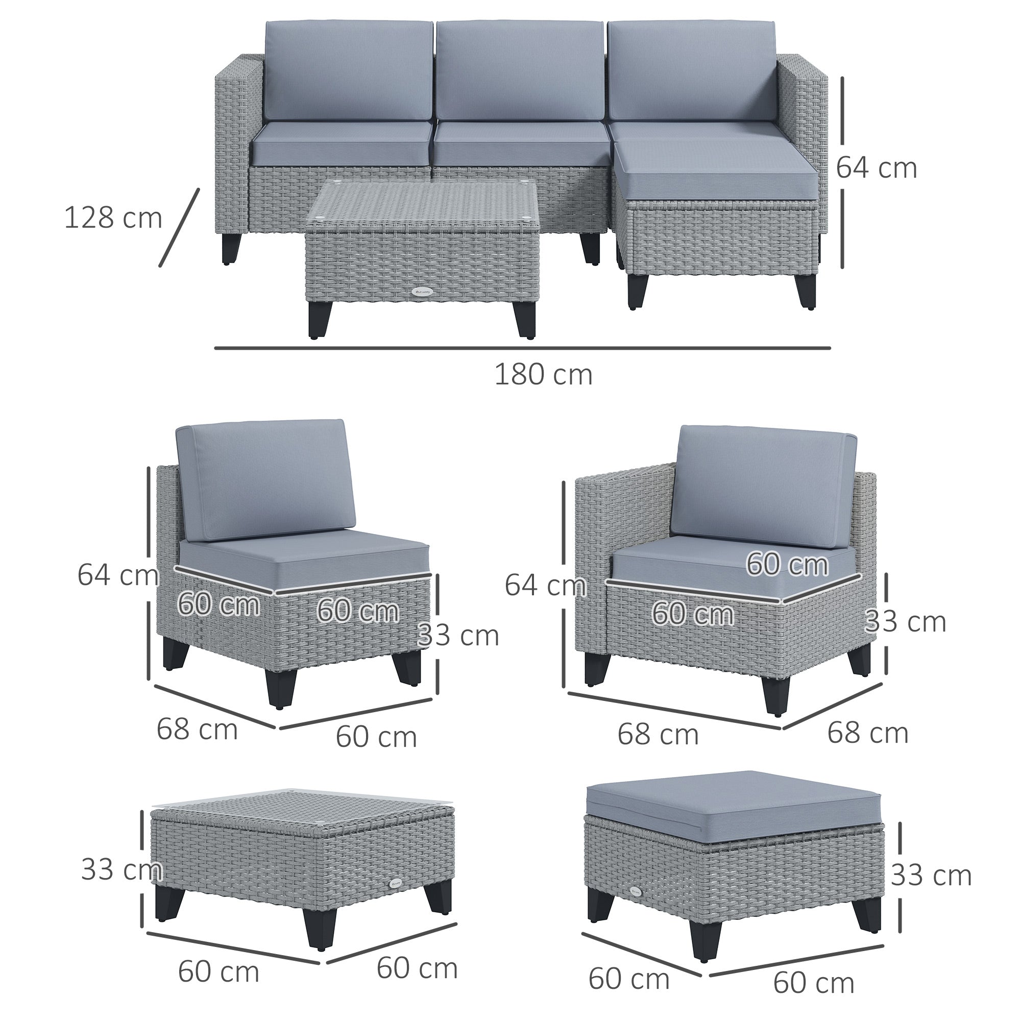 5-Piece Rattan Patio Furniture Set with Corner Sofa, Footstools, Coffee Table, for Poolside, Grey-2