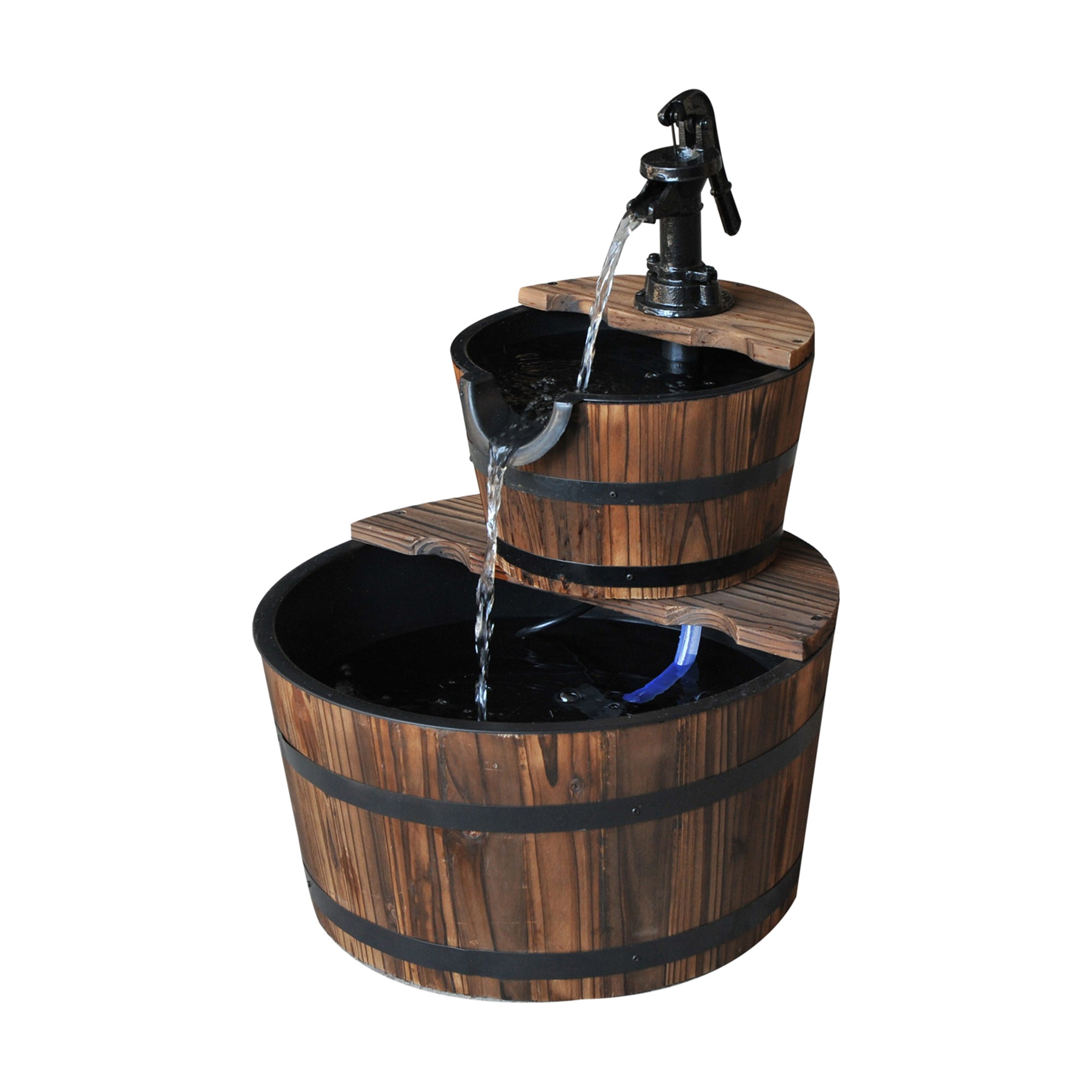 Wooden Water Pump Fountain Cascading Feature Barrel Garden Deck (2 Tier)-0