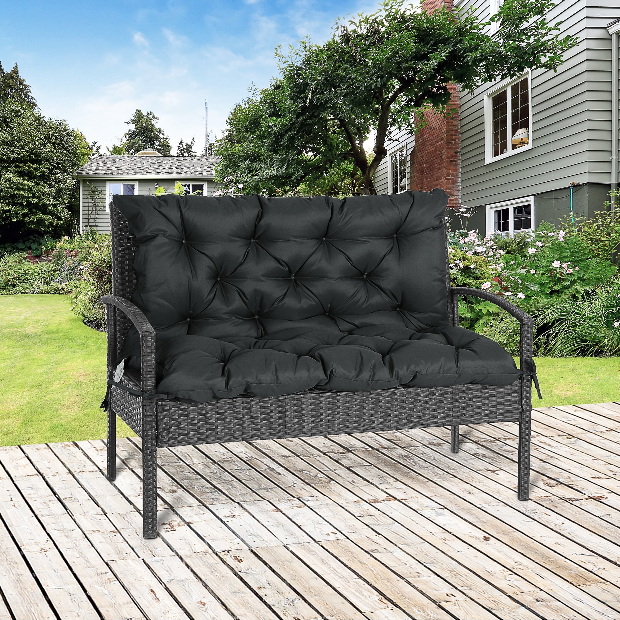 2 Seater Bench Cushion, Garden Chair Cushion with Back and Ties for Indoor and Outdoor Use, 98 x 100 cm, Black-1