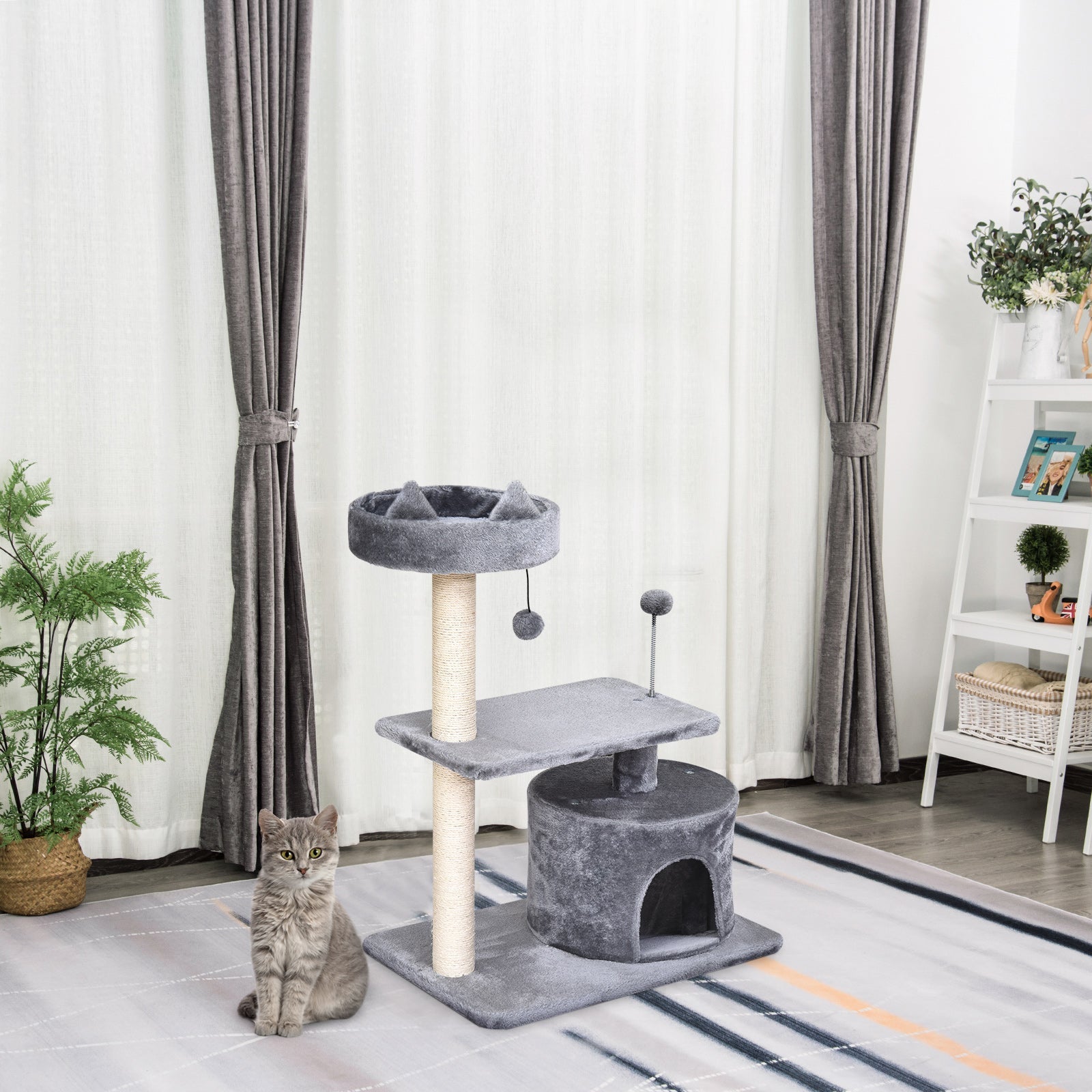 Cats 3-Tier Sisal Rope Scratching Post w/ Toys Grey-1