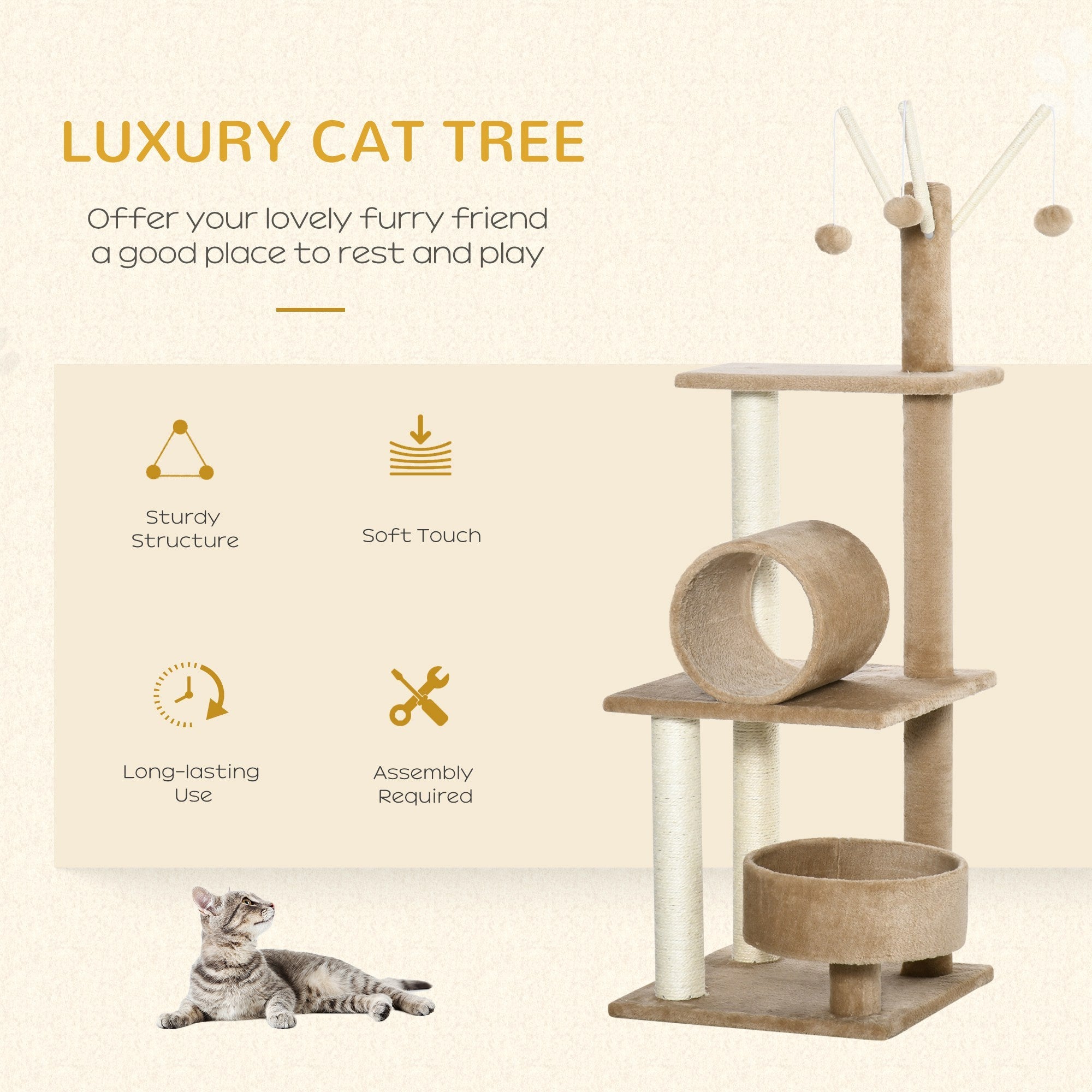 121cm Cat Tree Tower Kitten Activity Center Scratching Post with Bed Tunnel Perch Interactive Ball Toy Brown-3