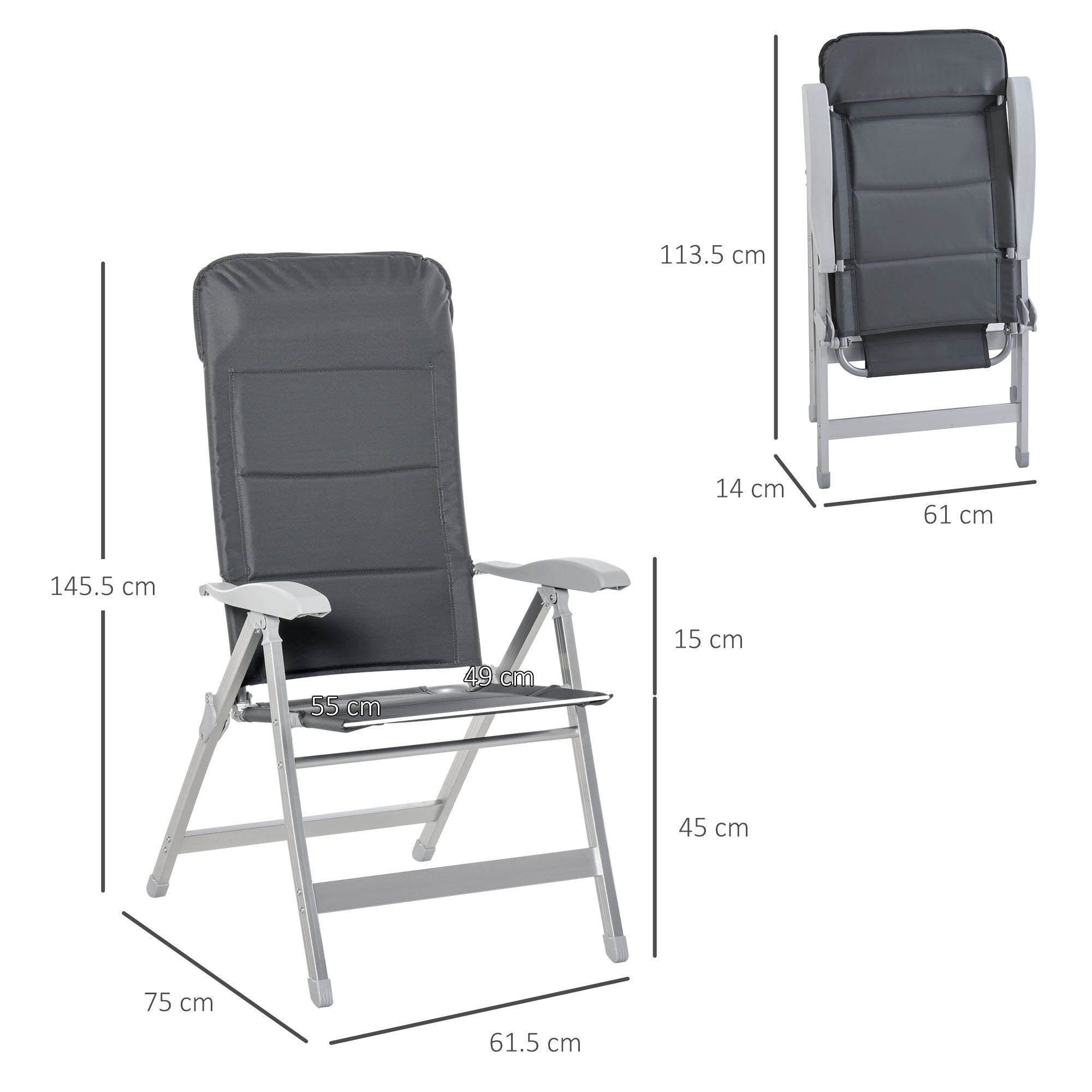 2 Pcs Patio Folding Dining Chair w/ Adjustable Back & Armrest Portable for Camping Garden Pool Beach Deck Grey-2