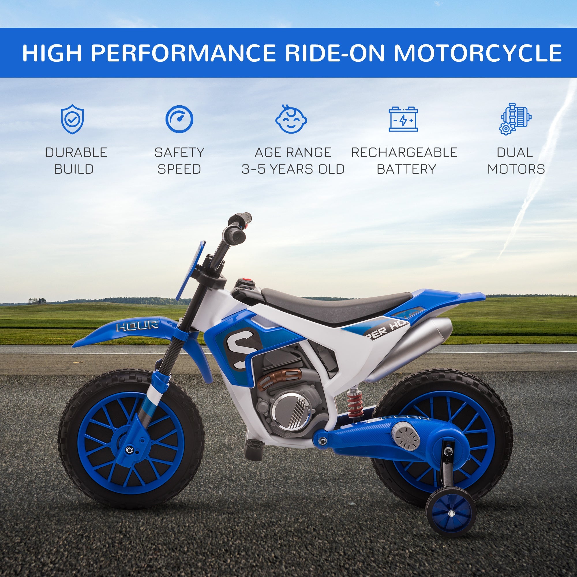 12V Kids Electric Motorbike Ride On Motorcycle Vehicle Toy with Training Wheels for 3-5 Years Old, Blue-3