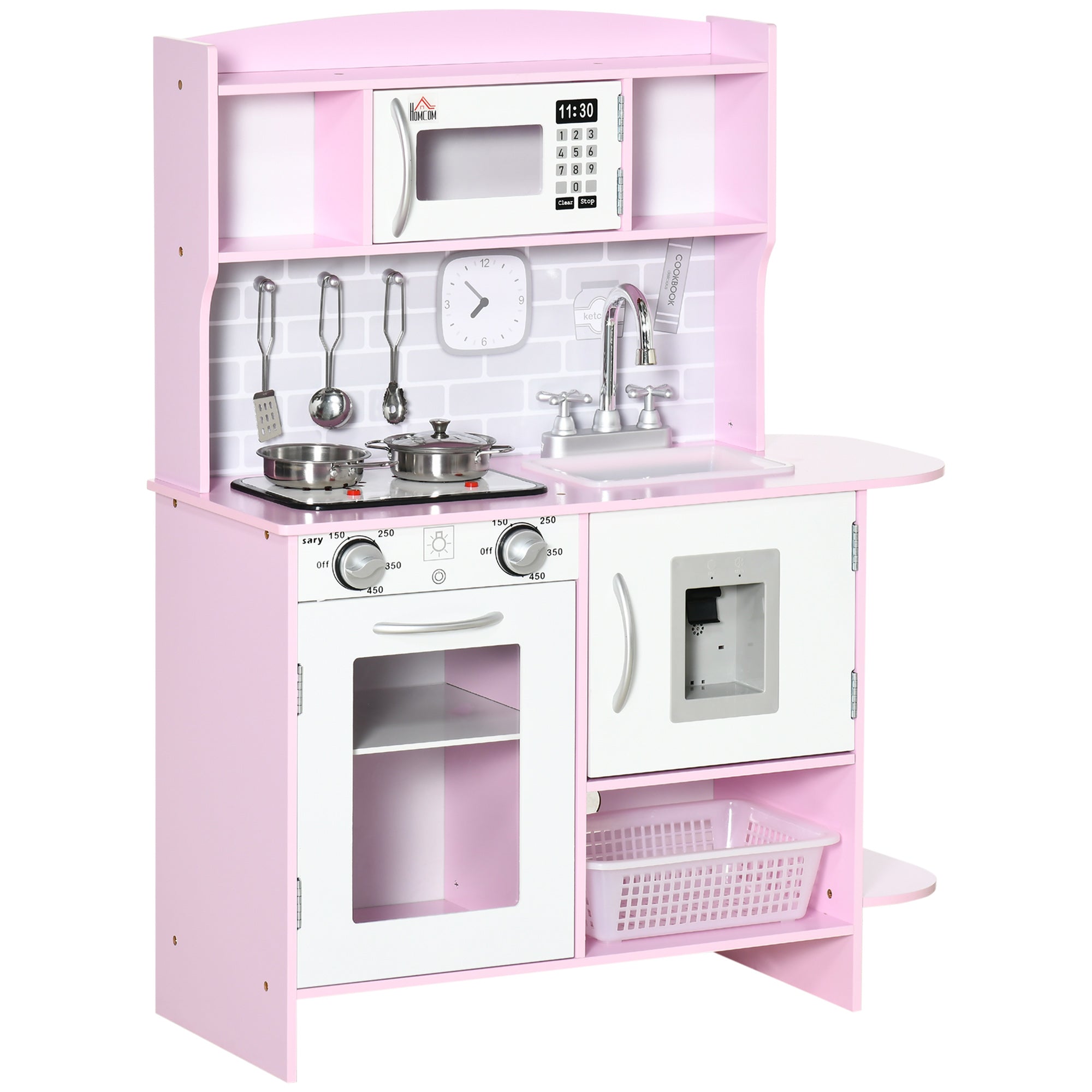 Wooden Play Kitchen with Lights Sounds, Kids Kitchen Playset with Water Dispenser, Microwave, Utensils, Sink, Gift for 3-6 Years Old, Pink-0