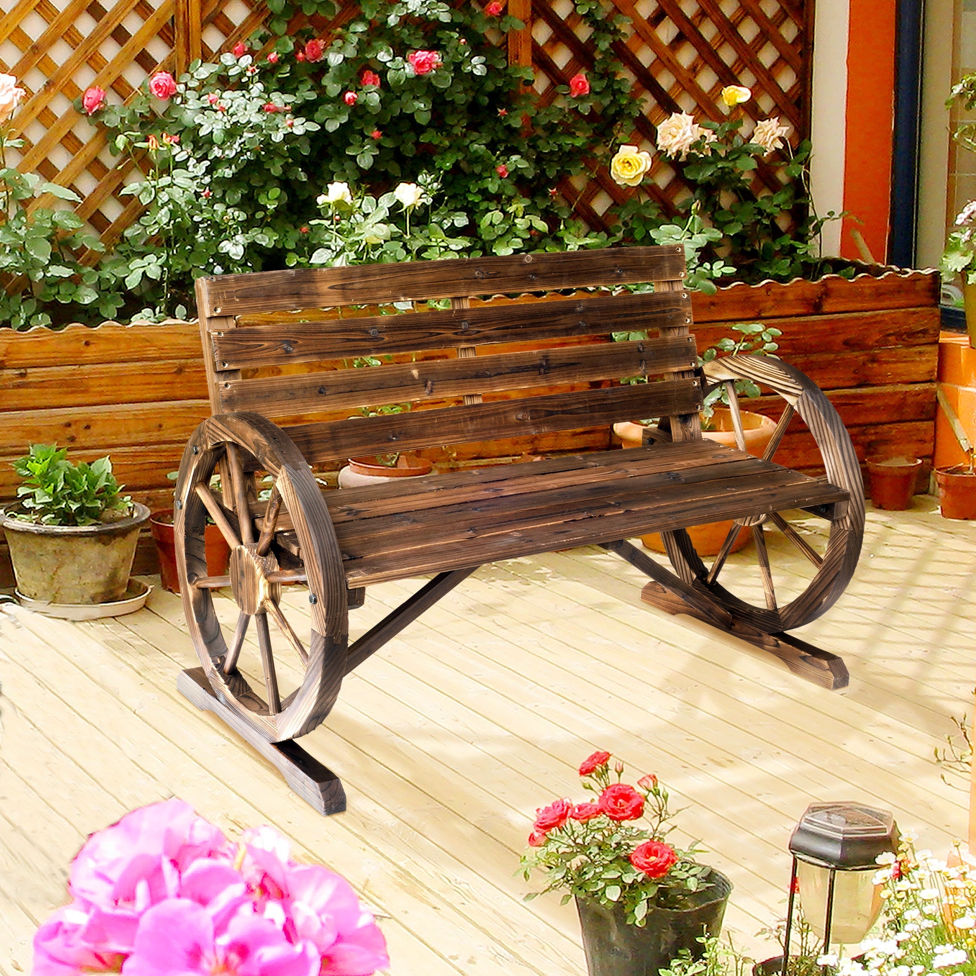 2 Seater Garden Bench with Wooden Cart Wagon Wheel Rustic High Back Brown-1