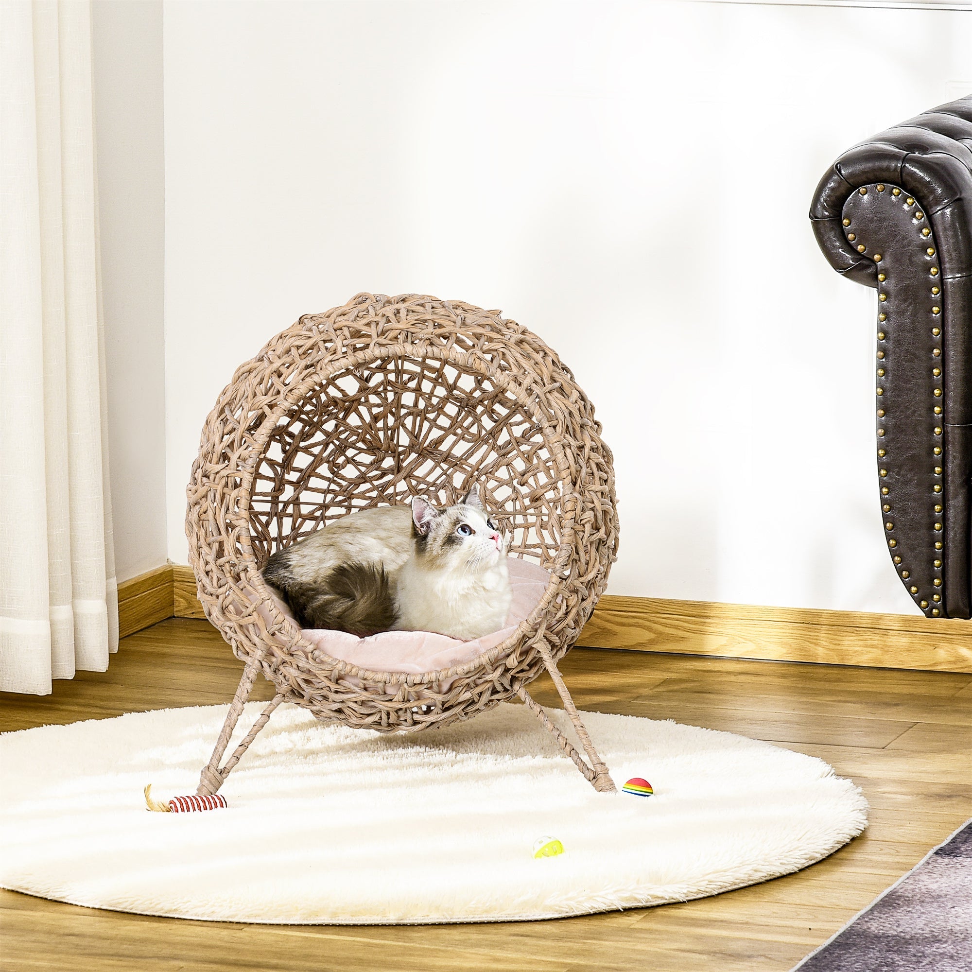 Wicker Cat Bed, Ball-Shaped Rattan Elevated Cat Basket with Three Tripod Legs, Cushion, Natural Wood Finish-1