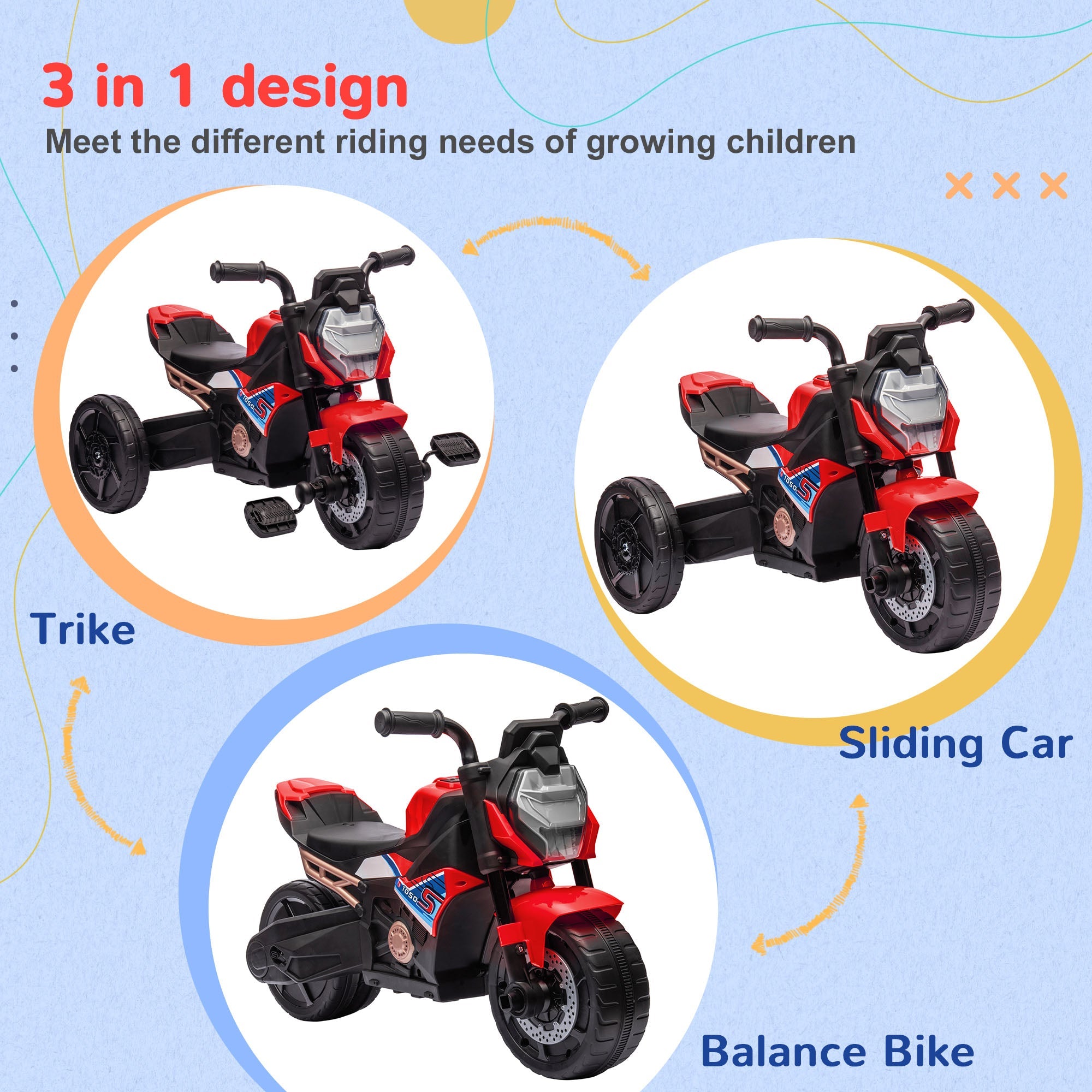 Motorcycle Design 3 in 1 Toddler Trike, Sliding Car, Balance Bike with Headlight, Music, Horn, Red-3