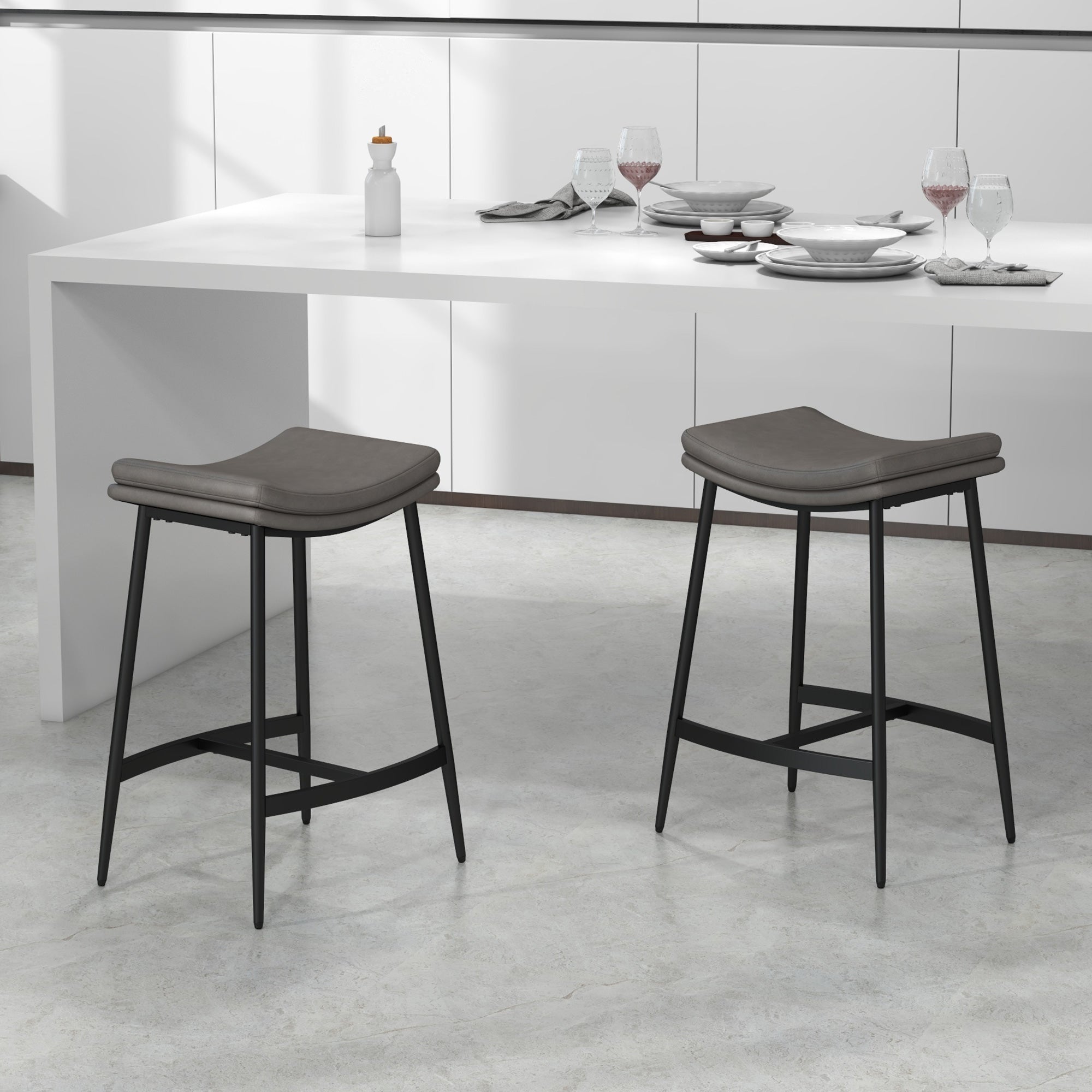 Kitchen Stools Set of 2, Microfibre Upholstered Barstools, Industrial Bar Chairs with Curved Seat and Steel Frame-1