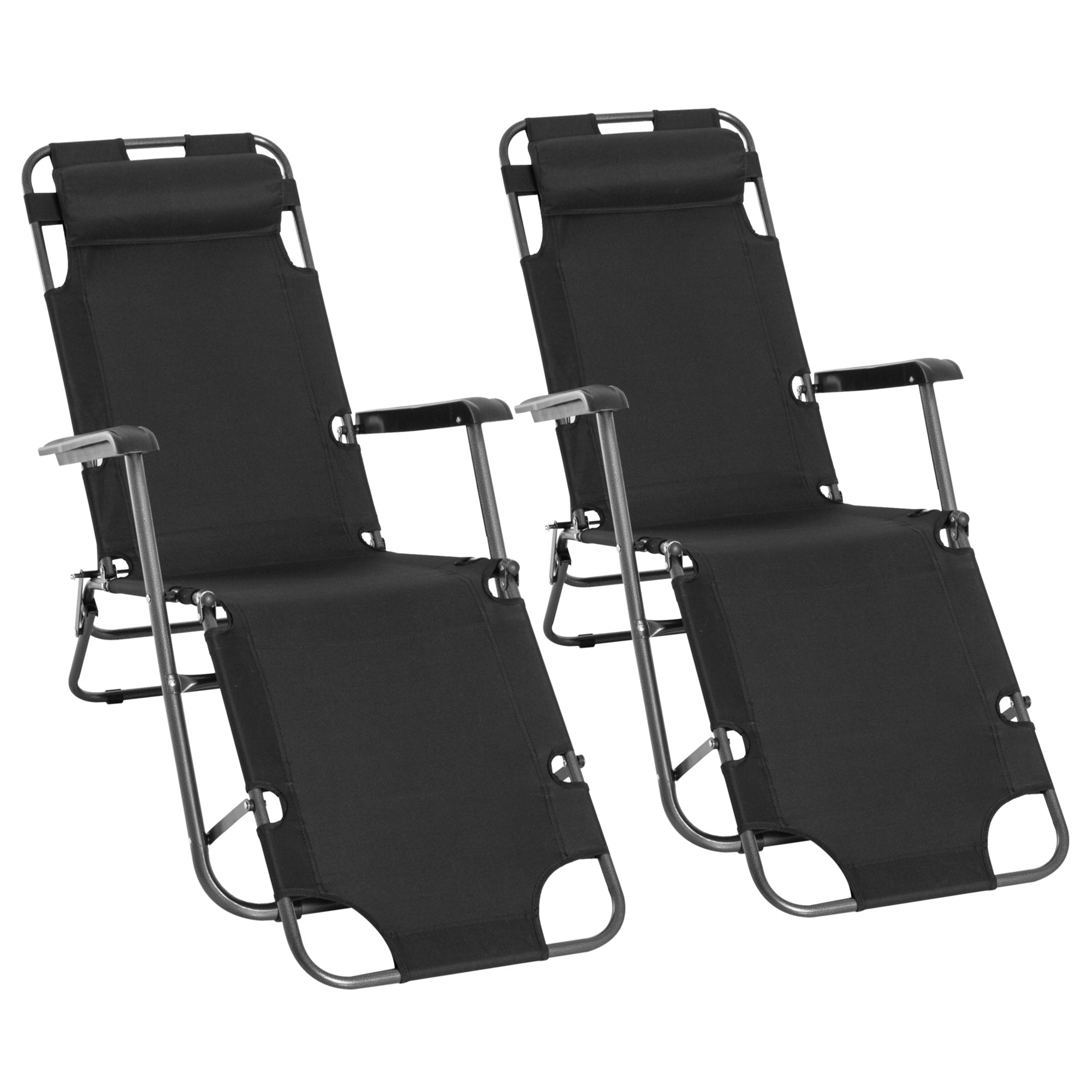 2 Pieces Foldable Sun Loungers with Adjustable Back, Outdoor Reclining Garden Chairs with Pillow and Armrests, Black-0