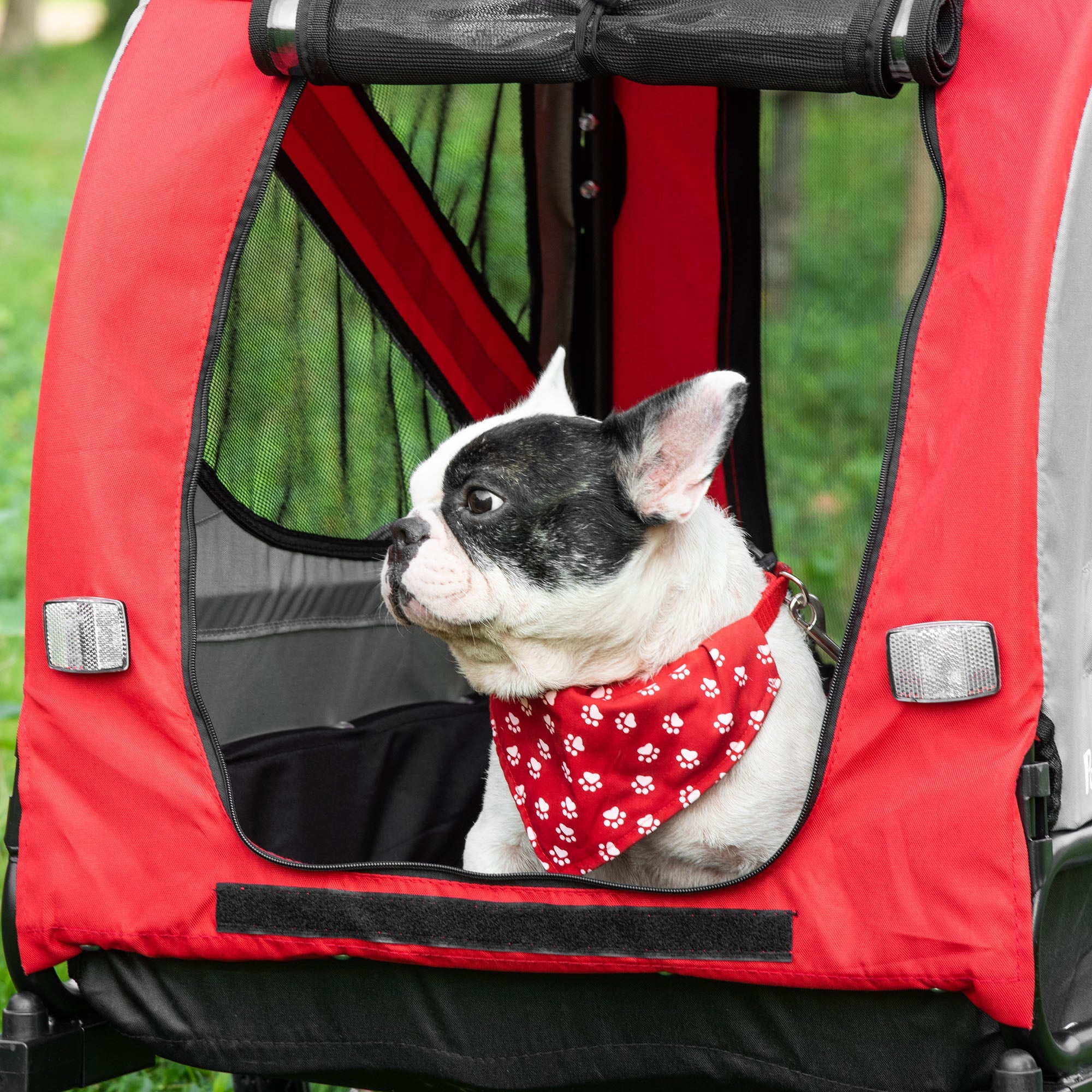 Dog Bike Trailer 2-in-1 Pet Stroller Cart Bicycle Carrier Attachment for Travel in steel frame with Universal Wheel Reflectors Flag Red-2