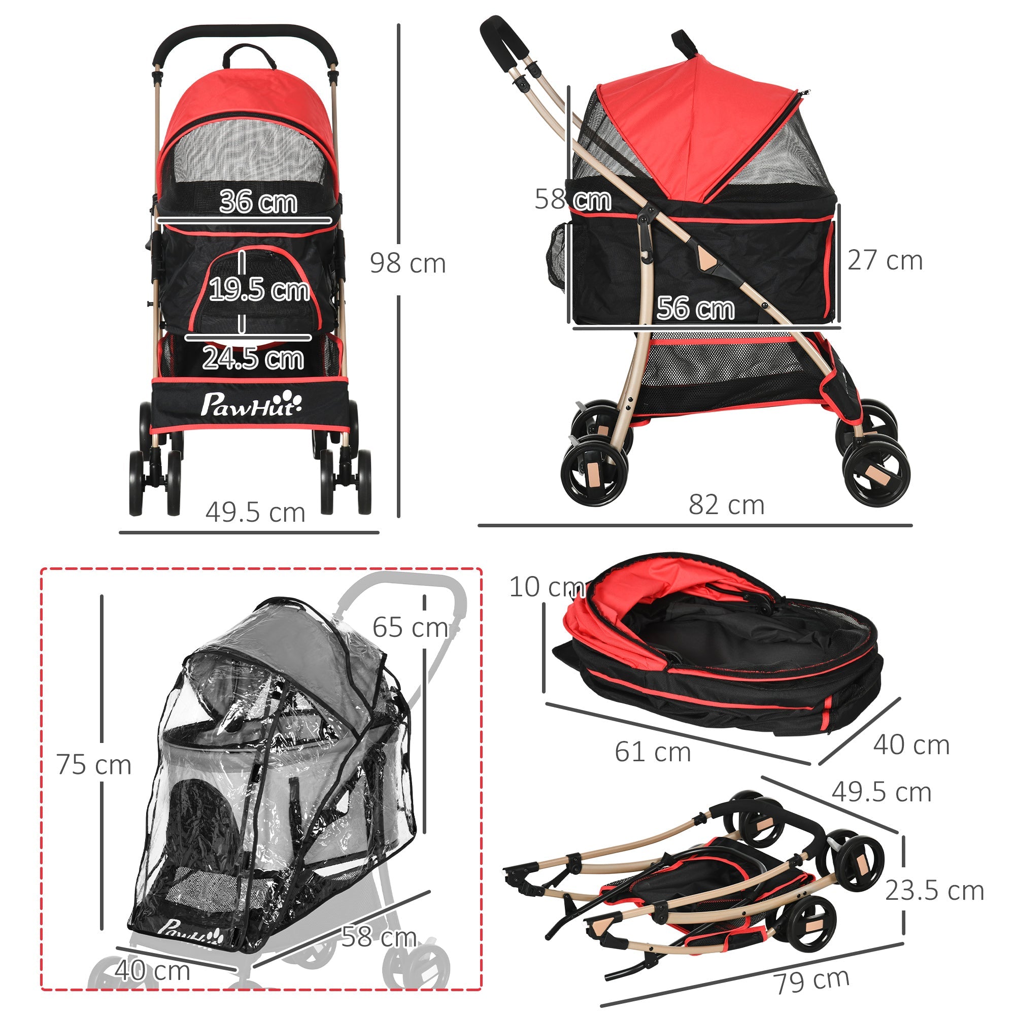 Detachable Pet Stroller with Rain Cover, 3 In 1 Cat Dog Pushchair, Foldable Carrying Bag w/ Universal Wheels, Brake, Canopy, Basket-2