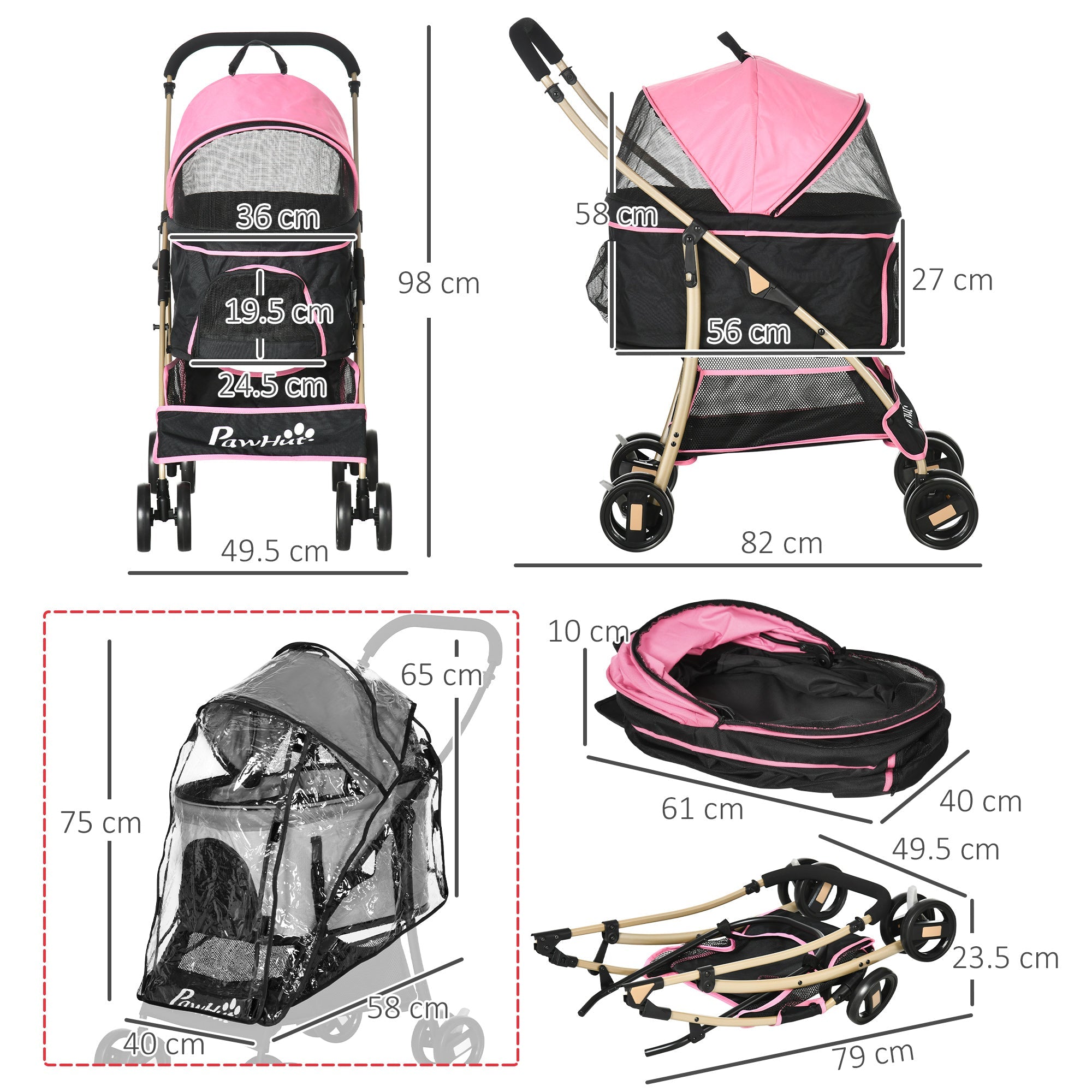 Detachable Pet Stroller with Rain Cover, 3 In 1 Cat Dog Pushchair, Foldable Carrying Bag w/ Universal Wheels, Brake, Canopy, Basket-2