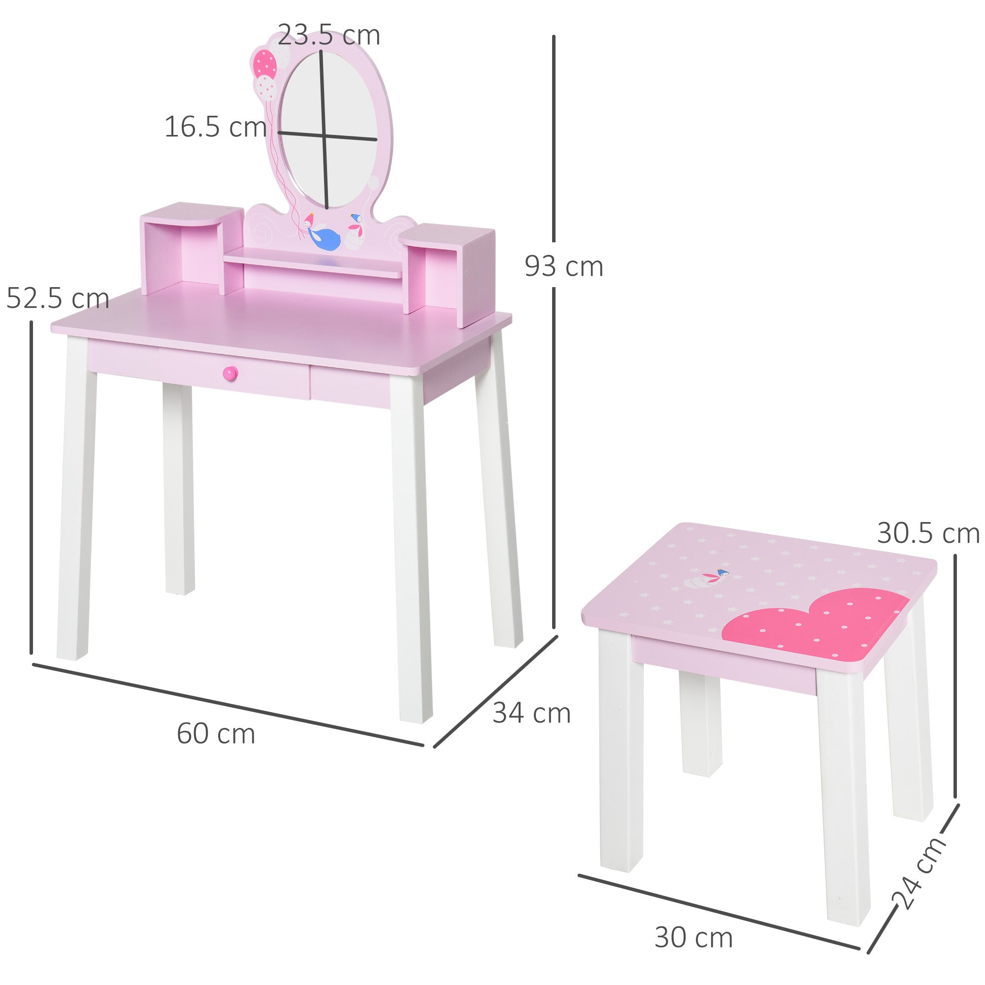 2 PCS Kids Wooden Dressing Table and Stool Girls Vanity Table Makeup Table Set with Mirror Drawers Role Play for Toddlers 3 Year+, Pink White-2