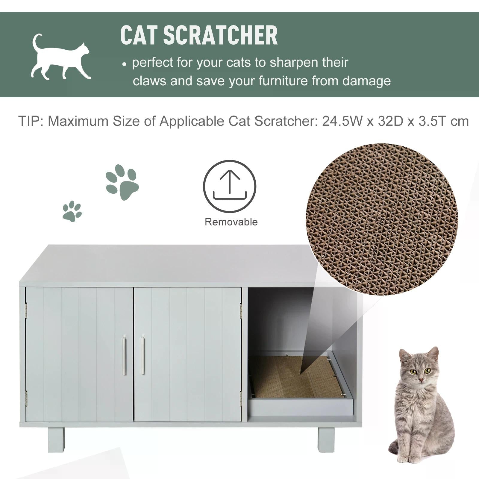 Wooden Cat Litter Box Enclosure & House with Nightstand/End Table Design, Scratcher, & Magnetic Doors, Grey-4