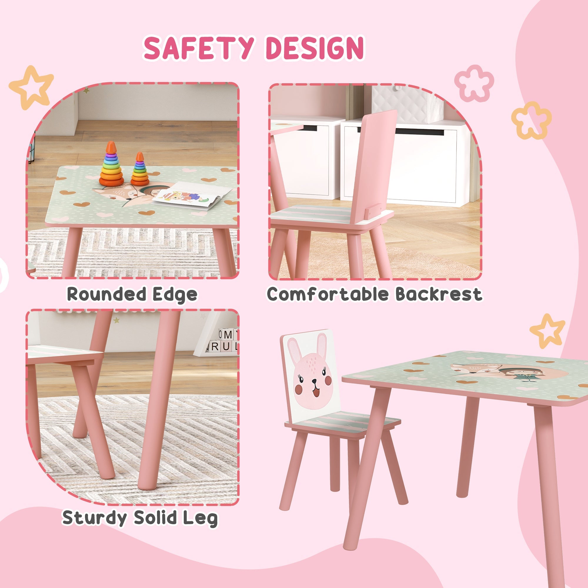 Kids and Table Chairs, Children Desk with Two Chairs, Toddler Furniture Set, for Ages 3-6 Years - Pink-4