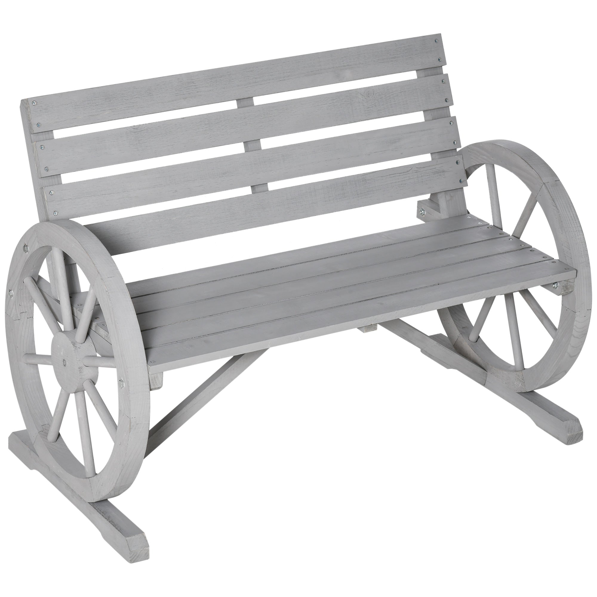 2 Seater Garden Bench Outdoor Garden Armrest Chair with Wooden Cart Wagon Wheel Rustic High Back Grey-0