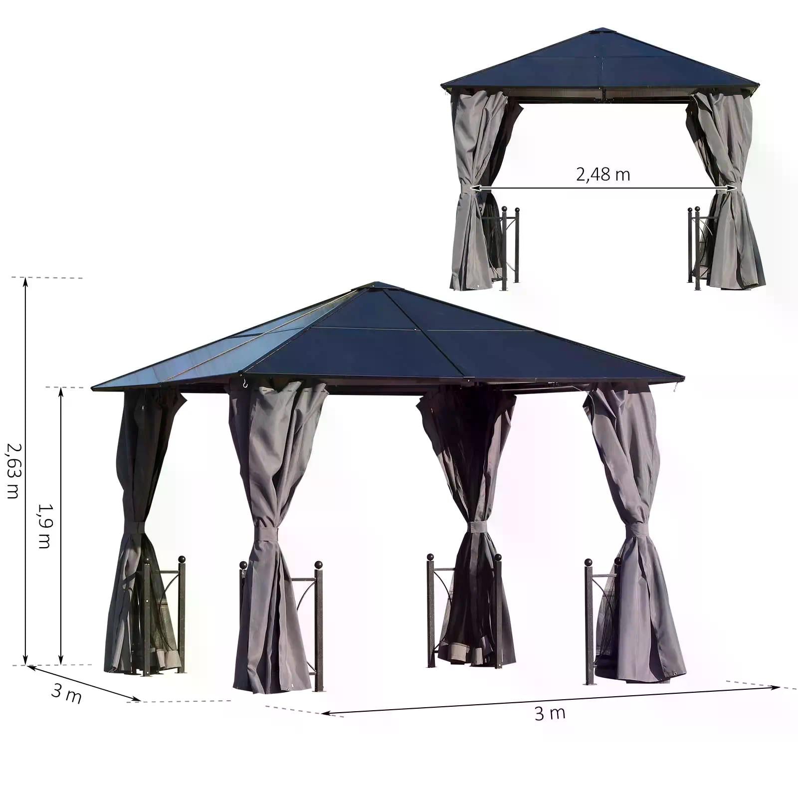 3 x 3(m) Hardtop Gazebo Canopy with Polycarbonate Roof, Steel & Aluminium Frame, Garden Pavilion with Mosquito Netting and Curtains, Black-2