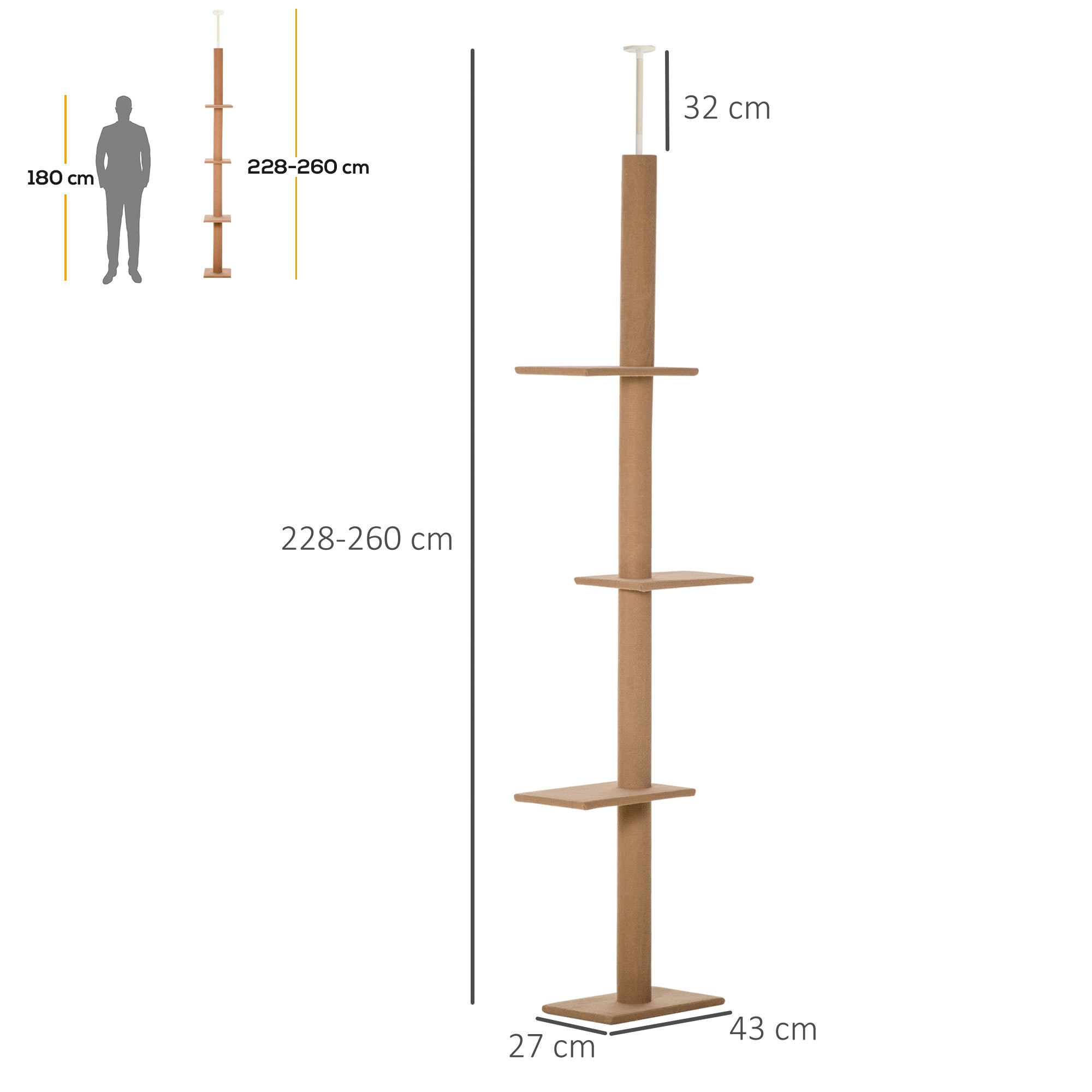 260cm Floor To Ceiling Cat Tree w/ 3 Perches Flannel Upholstery Kitten Pet Rest Sleep Activity Tower Home Furniture Brown-2