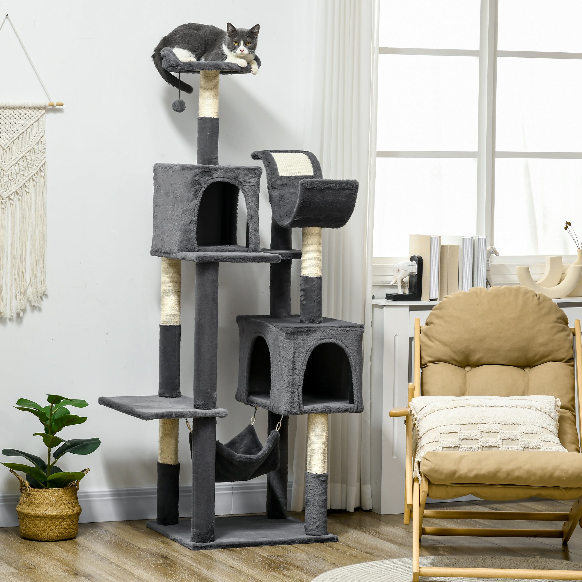 177cm Cat Tree for Indoor Cats, Multi-level Kitten Climbing Tower with Scratching Posts, Condos, Hammock, Perches, Toy Ball, Dark Grey-1