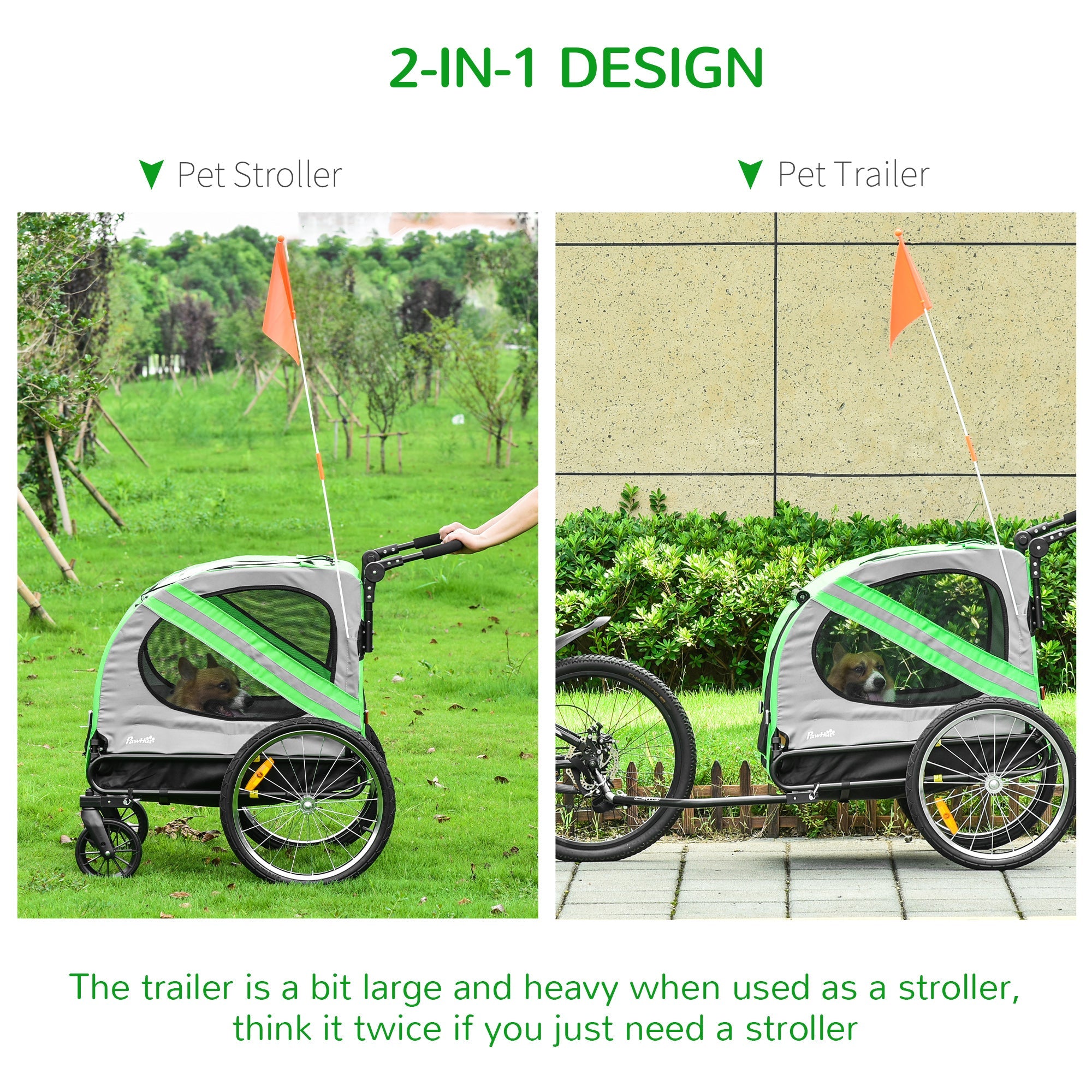 Dog Bike Trailer 2-in-1 Pet Stroller Cart Bicycle Carrier Attachment for Travel in steel frame with Universal Wheel Reflectors Flag Green-4