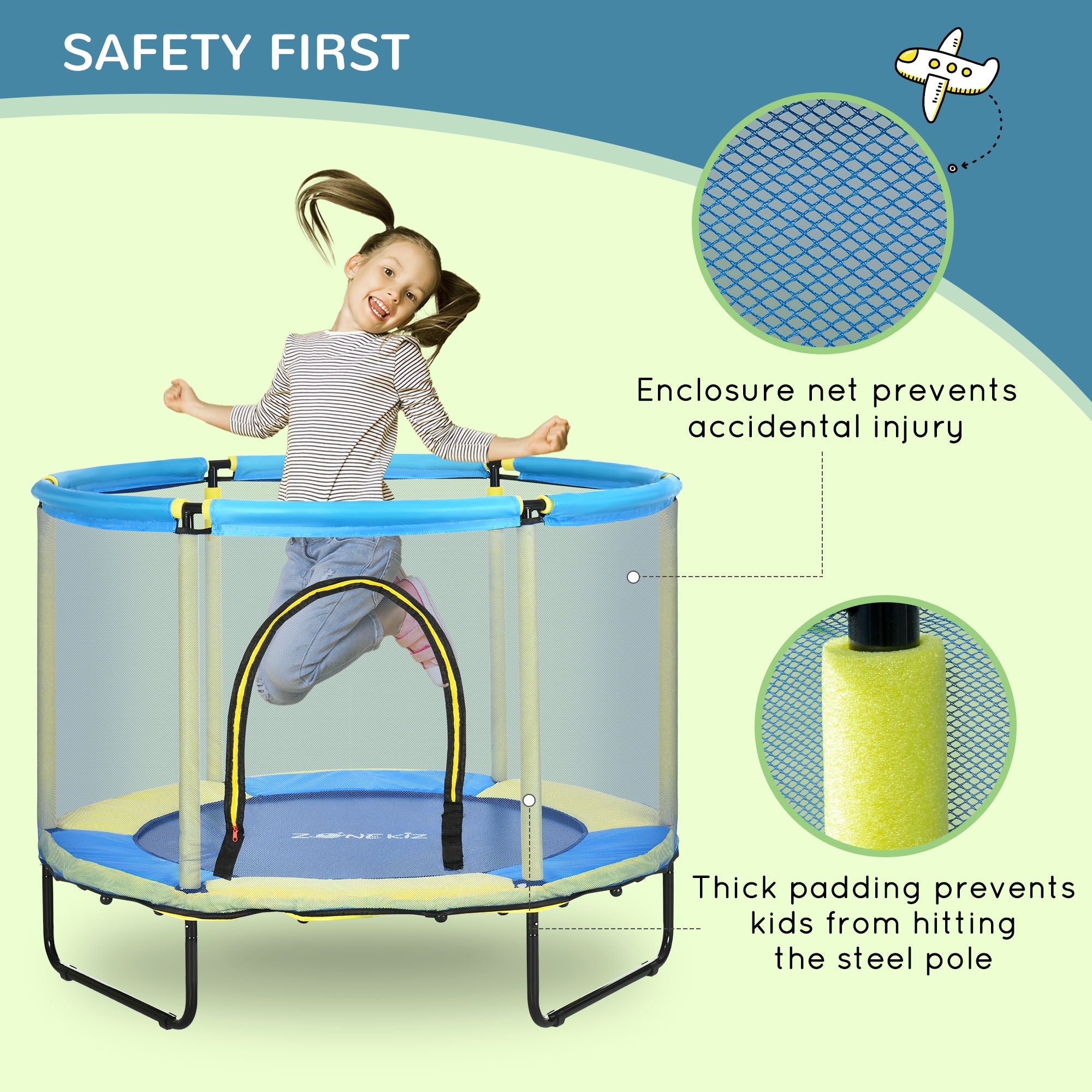 140 cm Kids Trampoline Indoor Bouncer Jumper with Security Enclosure Net, Bungee Gym for Children 1-6 Years Old, Blue-3