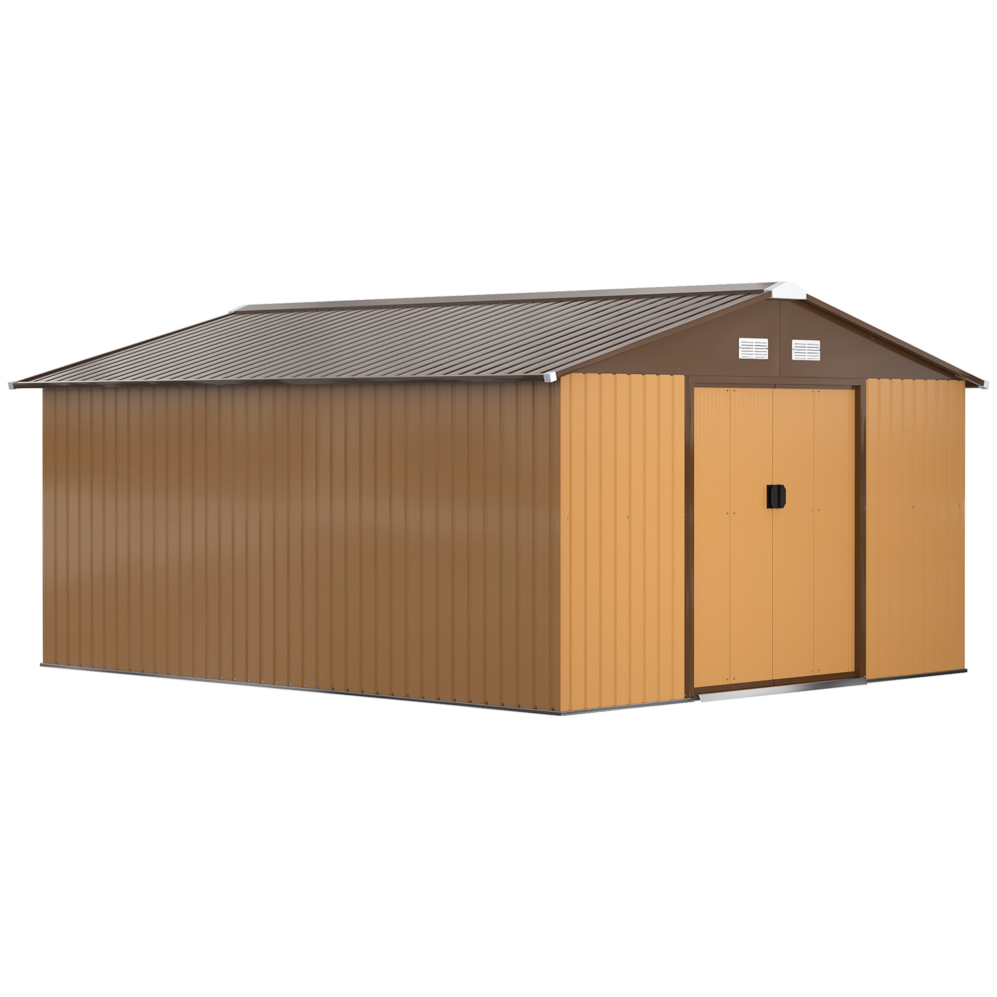 13 x 11 ft Metal Garden Shed Large Patio Roofed Tool Storage Box with Foundation Ventilation and Sliding Doors, Yellow-0