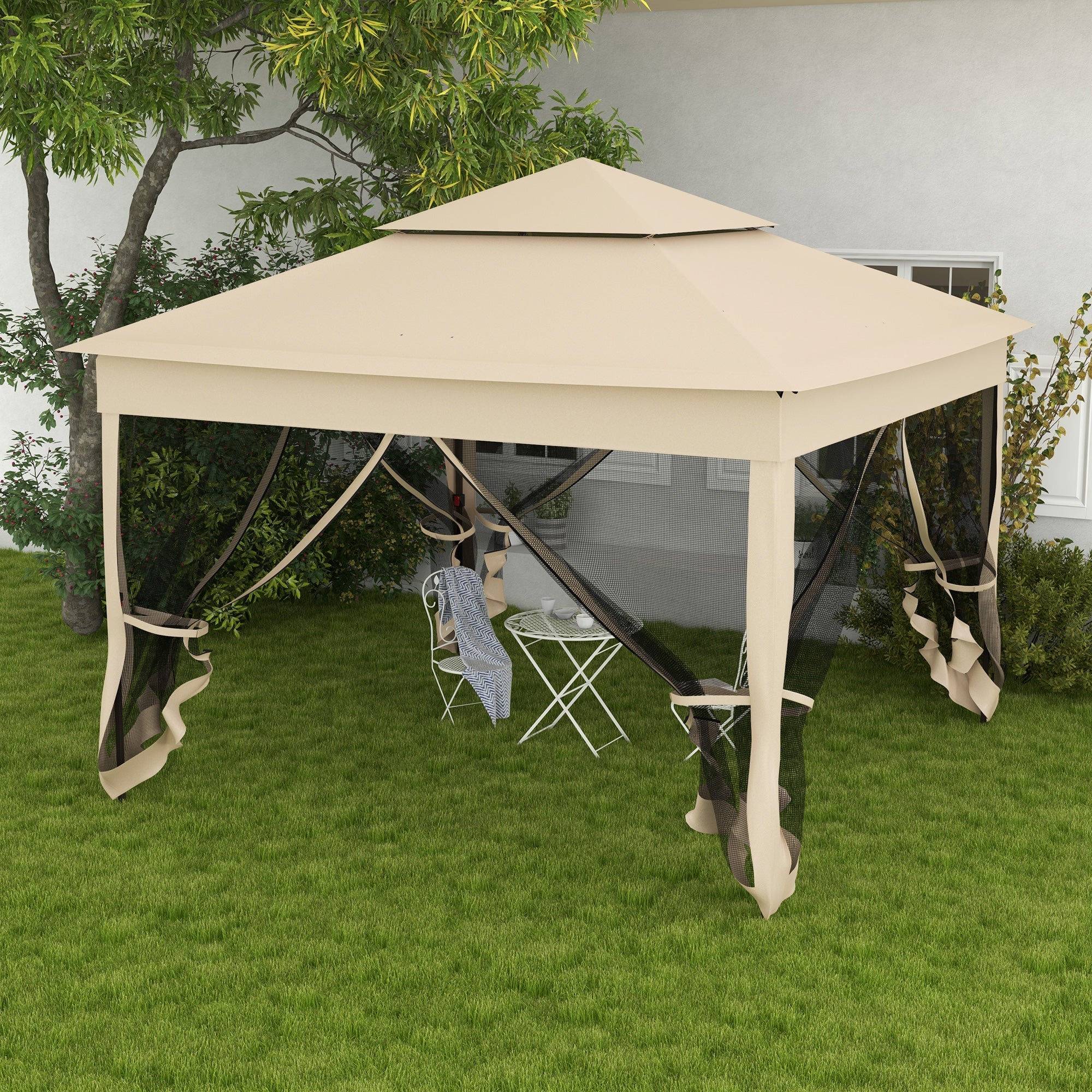 3 x 3(m) Pop Up Gazebo, Double-roof Garden Tent with Netting and Carry Bag, Party Event Shelter for Outdoor Patio, Cream White-1