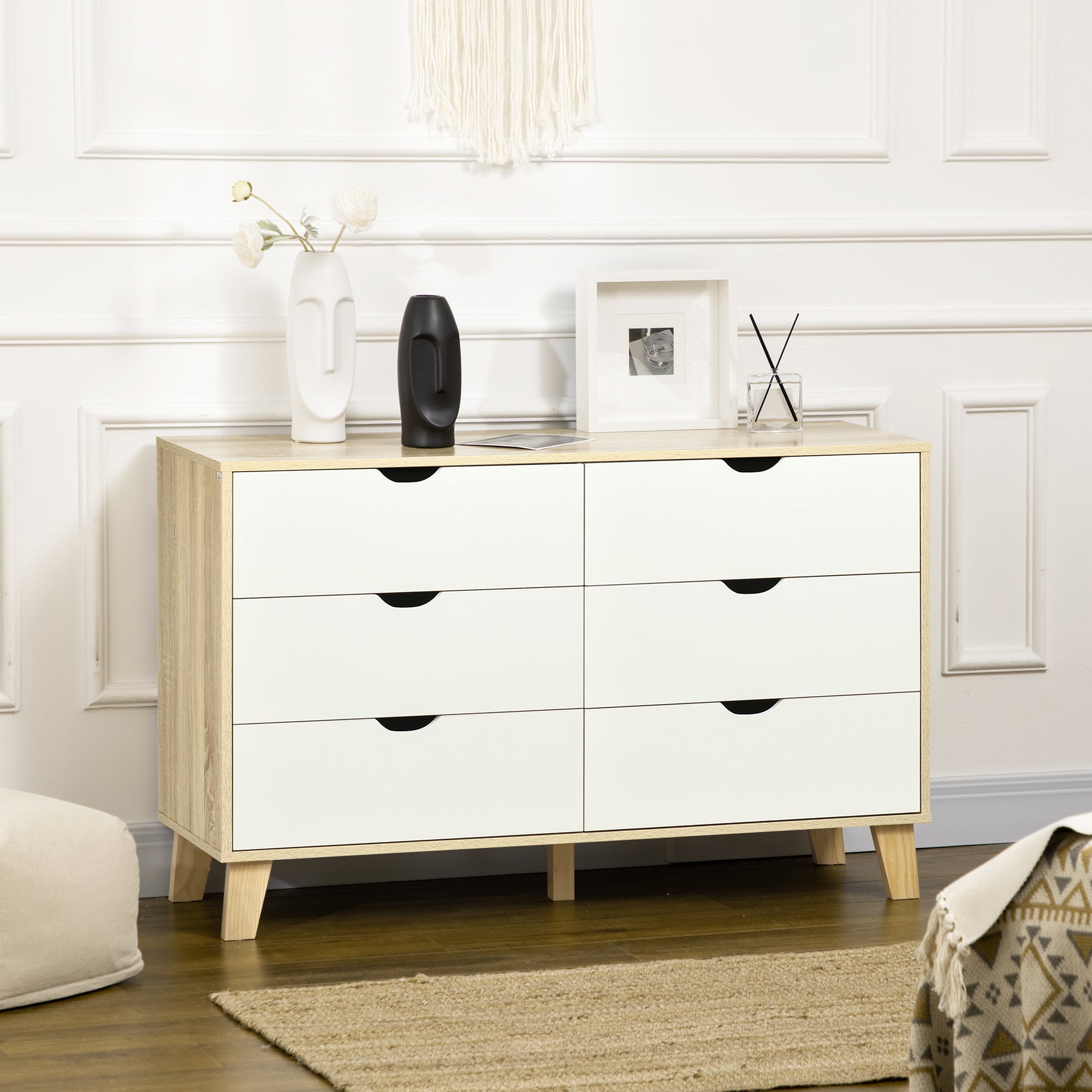 Wide Chest of Drawers, 6-Drawer Storage Organiser Unit with Wood Legs for Bedroom, Living Room, White and Light Brown-1