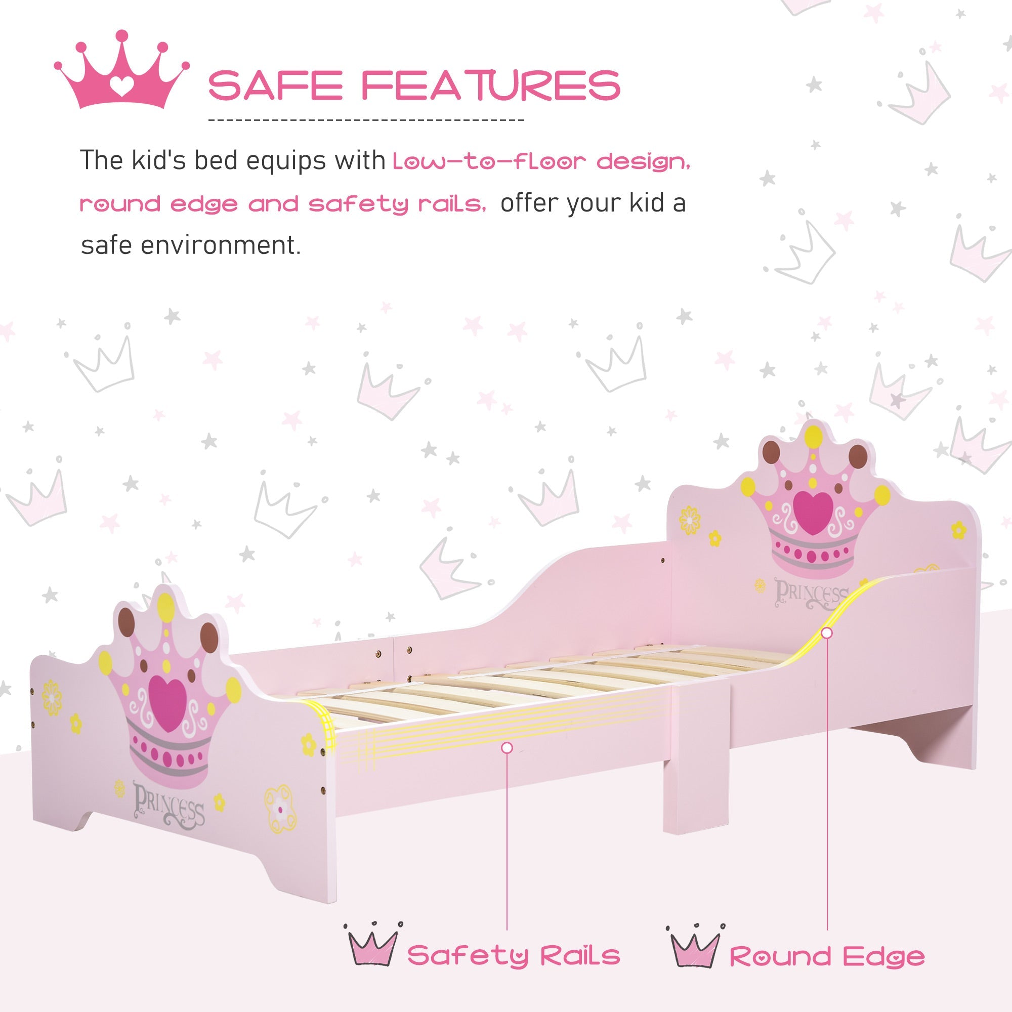 Kids Wooden Bed with Crown Modeling Safety Side Rails Easy to Clean Perfect Gift for Toddlers Girls Age 3 to 6 Years Old Pink-4