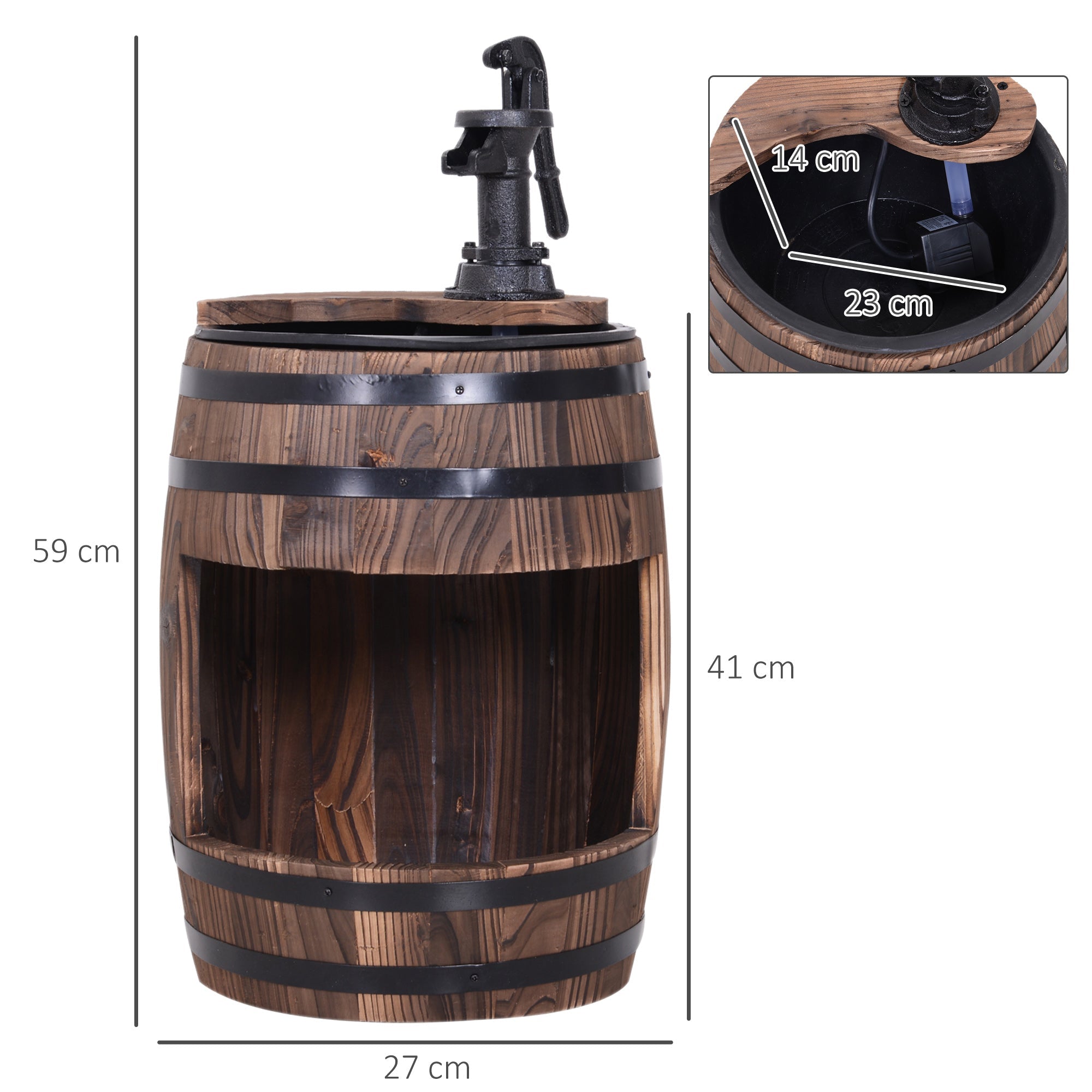 Wood Barrel Patio Water Fountain Electric Pump Garden Decorative Ornament with Flower Planter Decor-2