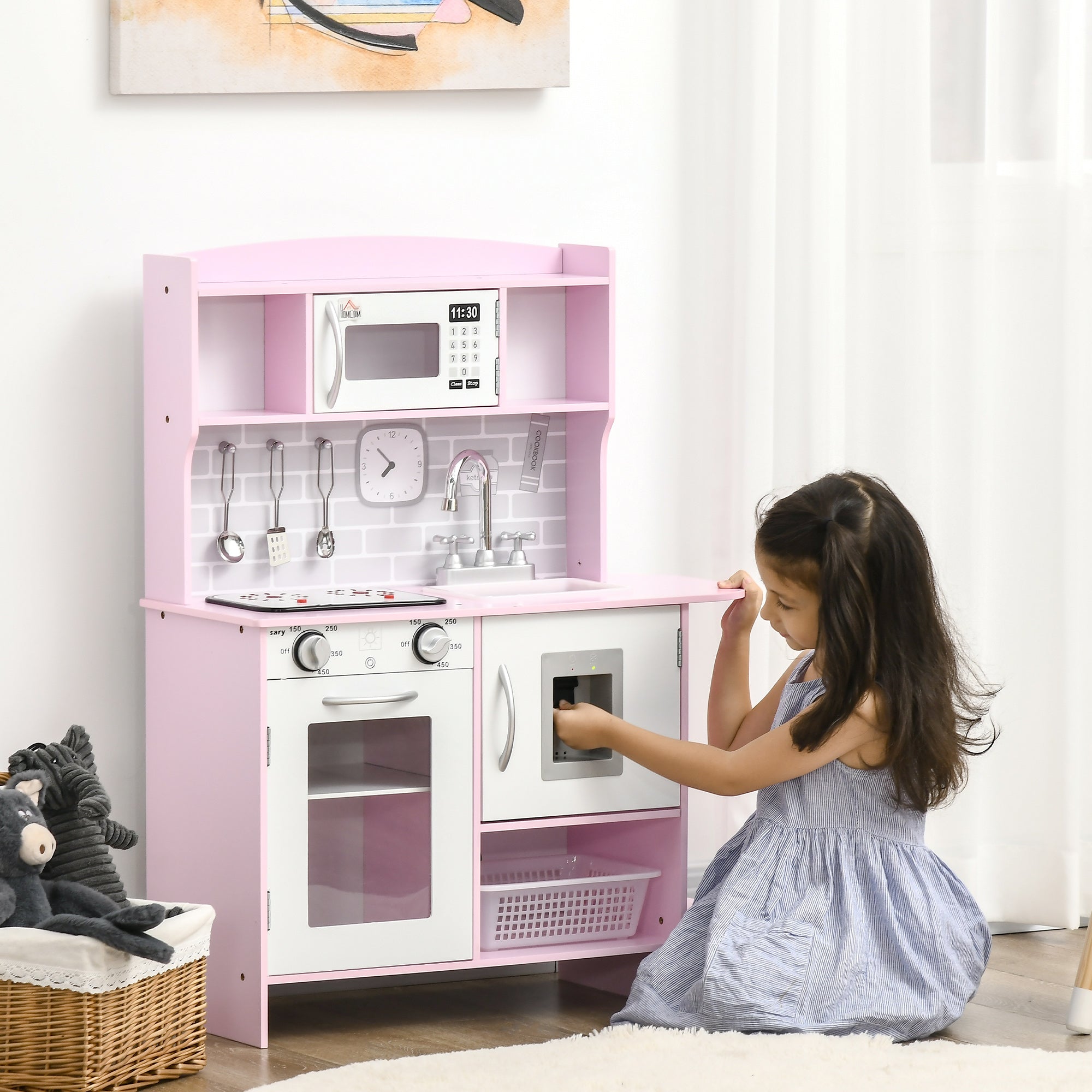 Wooden Play Kitchen with Lights Sounds, Kids Kitchen Playset with Water Dispenser, Microwave, Utensils, Sink, Gift for 3-6 Years Old, Pink-1