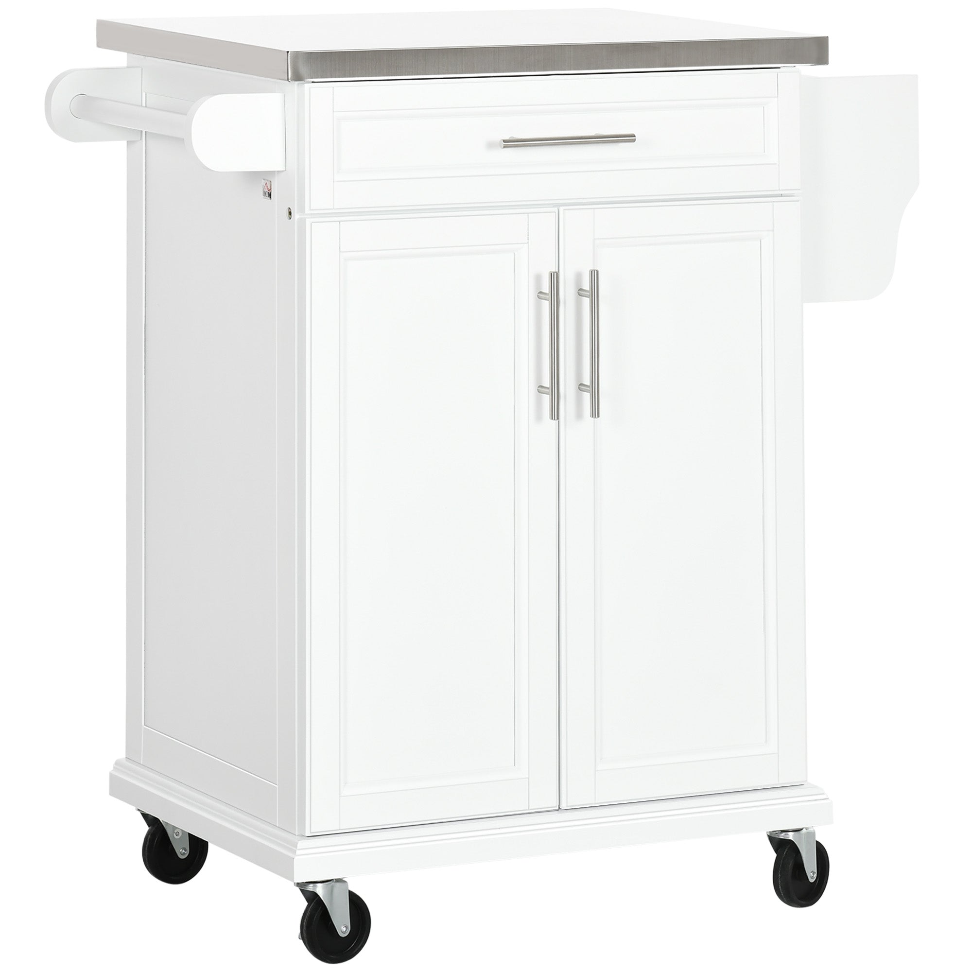 White Wooden Freestanding Kitchen Island on Wheels, Serving Cart Storage Trolley with Stainless Steel Top, Drawer, Side Handle and Rack-0