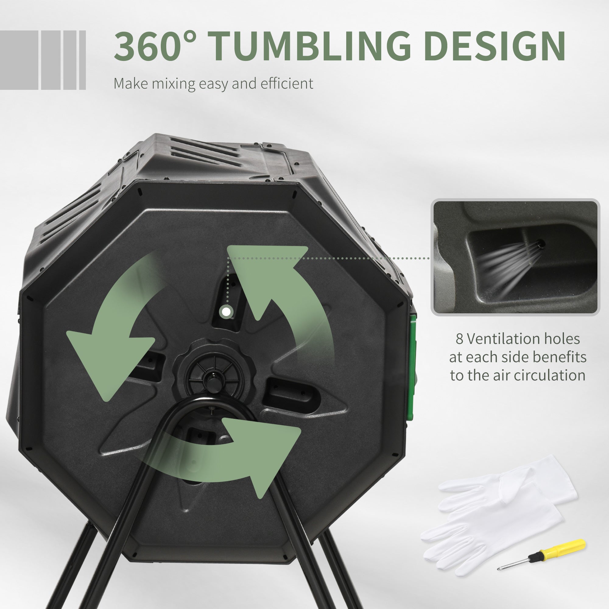 160L Tumbling Compost Bin Outdoor Dual Chamber 360° Rotating Composter w/ Sliding Doors & Solid Steel Frame, Black-4