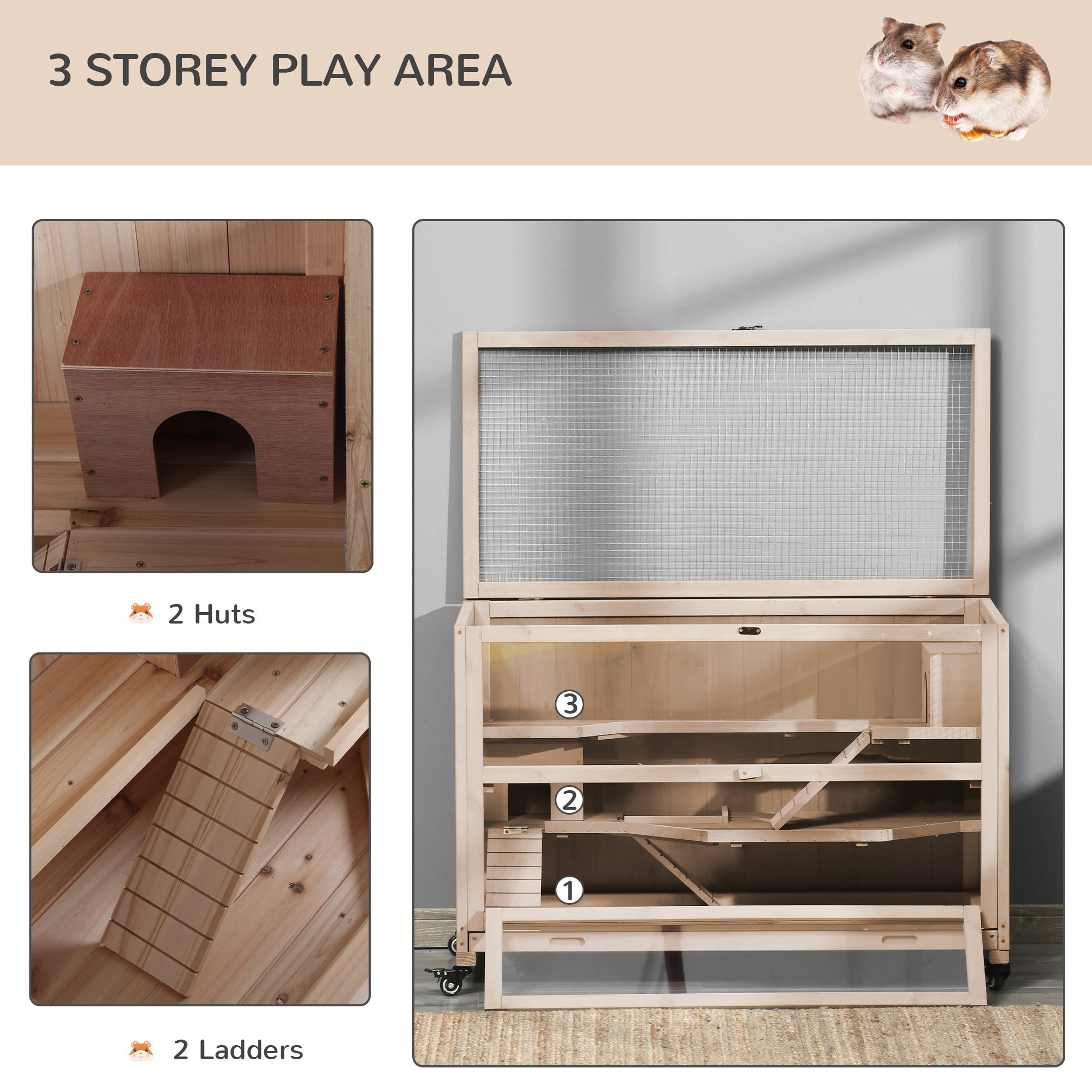 Wooden Hamster Cage, Mice Rodent Small Animals Kit Hutch, 3 Tiers Exercise Play House, with Wheels, Bottom Tray, 99 x 50 x 69 cm, Natural Wood-3