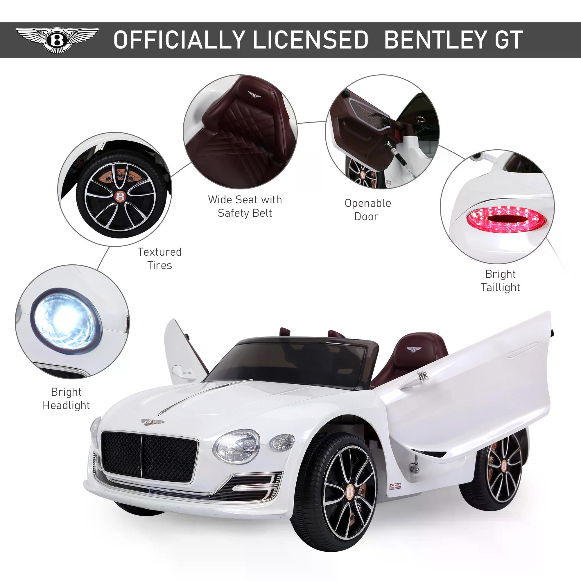 12V Ride on Car with LED Lights, Kids Electric Car Ride on Toys Bentley Licensed MP3 Player, White-3