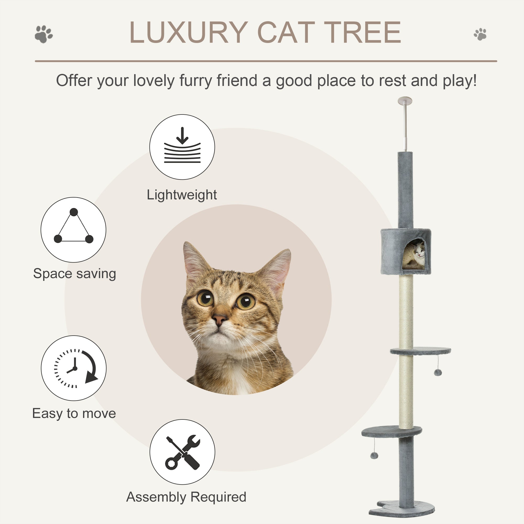 Cat Tree, Kitten Tower, Condo, Multi-Layer Activity Center, Indoor Pet Play House with Solid Scratching Post Hanging Balls, Light Grey-3