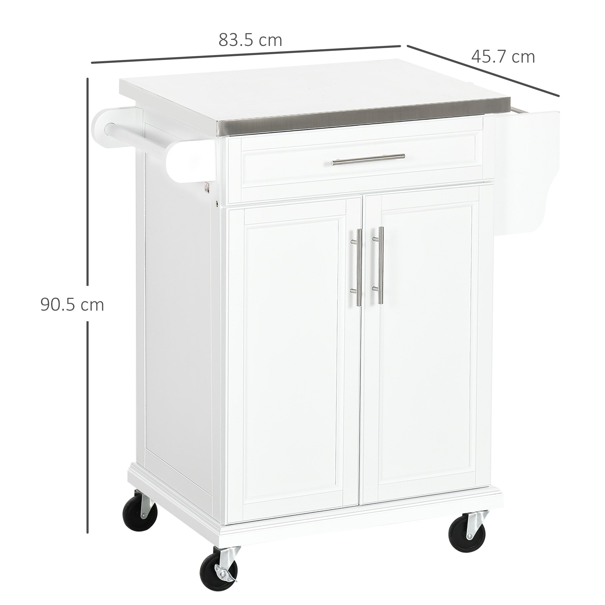 White Wooden Freestanding Kitchen Island on Wheels, Serving Cart Storage Trolley with Stainless Steel Top, Drawer, Side Handle and Rack-2