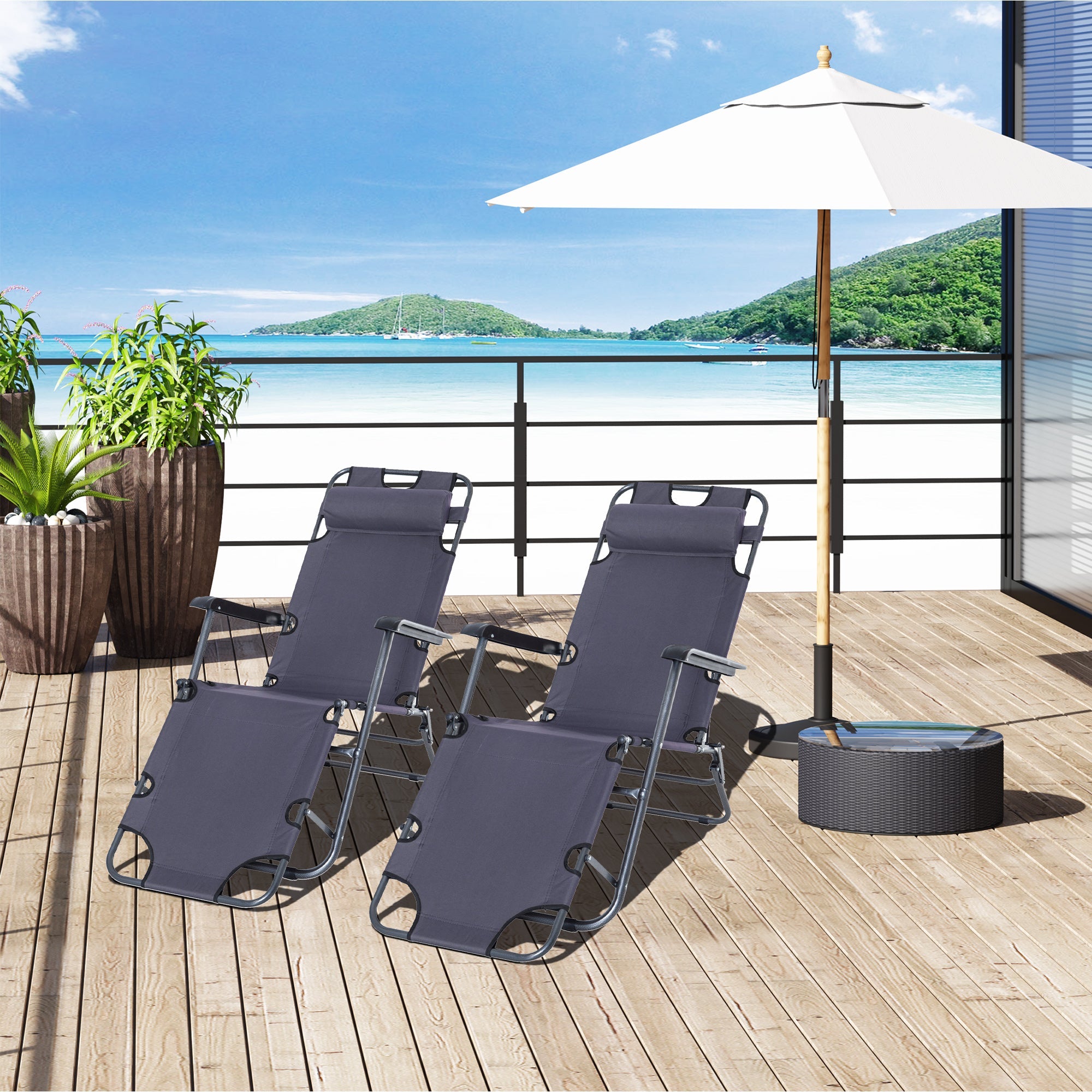 2 Pieces Foldable Sun Loungers with Adjustable Back, Outdoor Reclining Garden Chairs with Pillow and Armrests, Grey-1