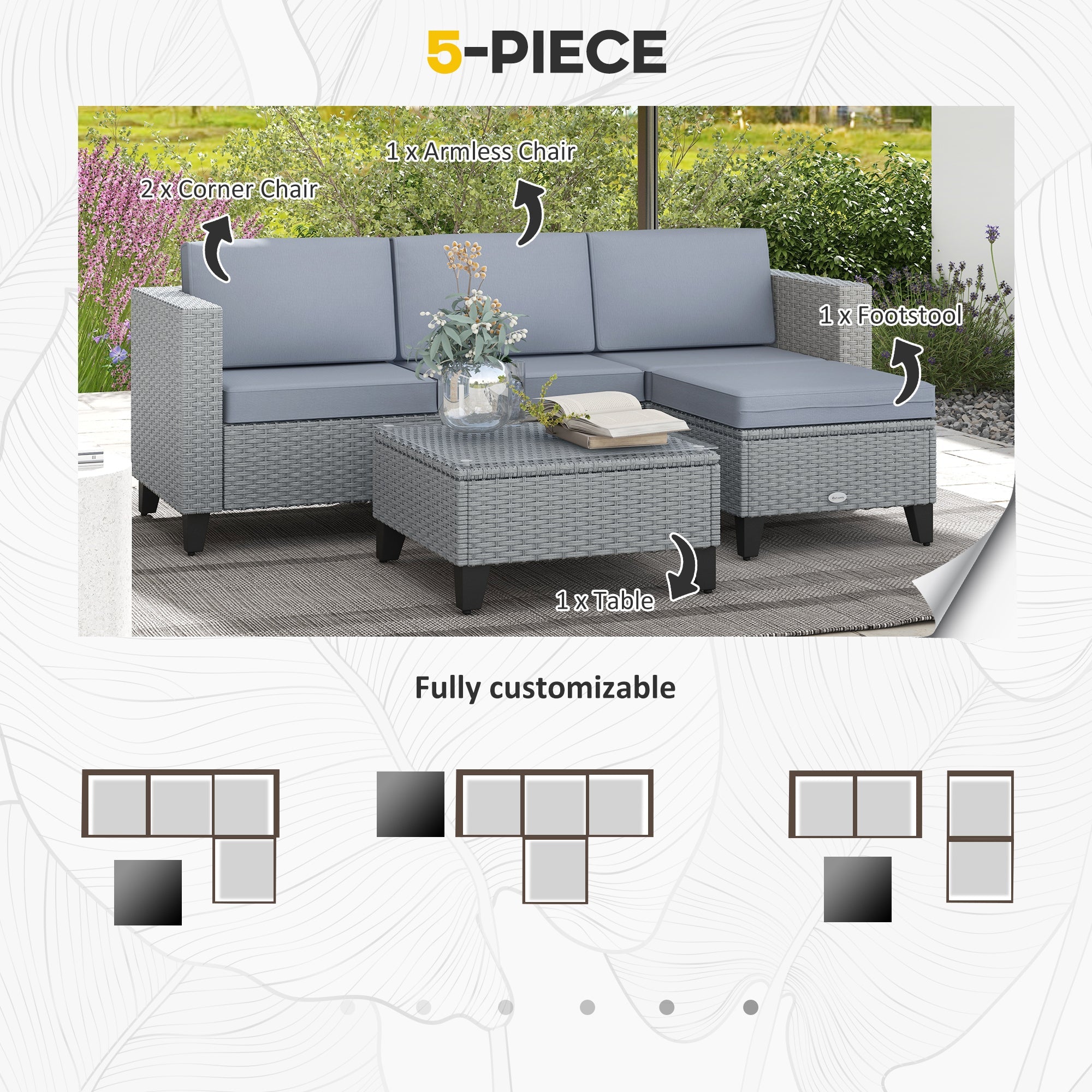 5-Piece Rattan Patio Furniture Set with Corner Sofa, Footstools, Coffee Table, for Poolside, Grey-3