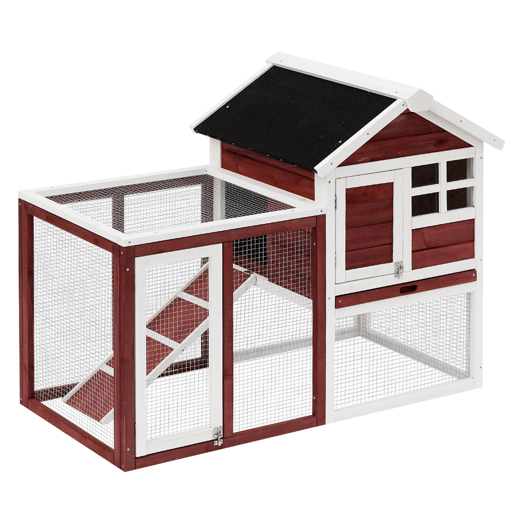 122 Wooden Rabbit Hutch Bunny Cage with Waterproof Asphalt Roof, Fun Outdoor Run, Removable Tray and Ramp, Brown-0