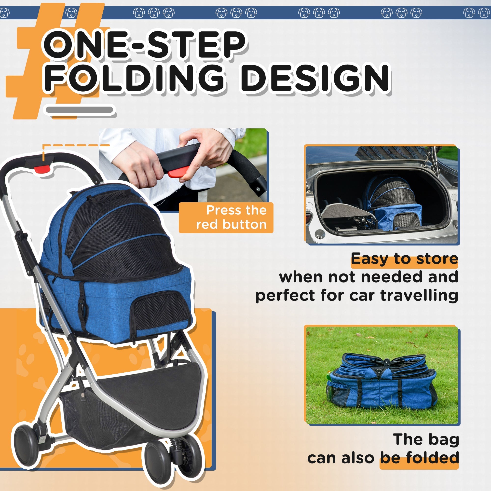 Detachable Pet Stroller Pushchair Foldable Dog Cat Travel Carriage 2-In-1 Design Carrying Bag Dark Blue-3