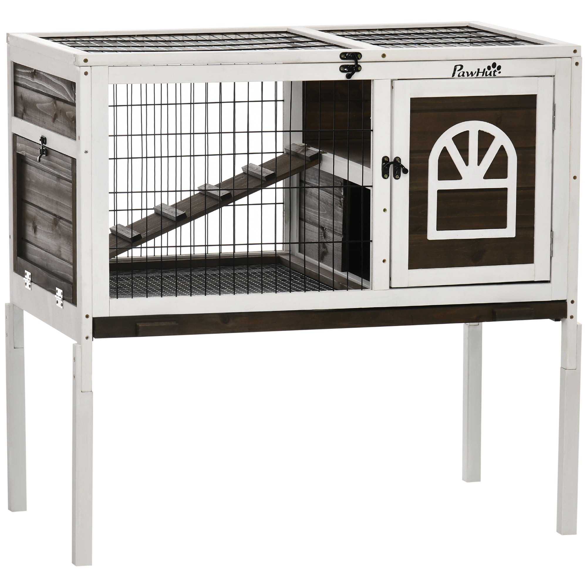 Wooden Rabbit Hutch with Openable Roof, Elevated Guinea Pig Cage with Ladder, Small Animal House w/ Slide-out Tray 90 x 53 x 87cm Coffee Brown-0