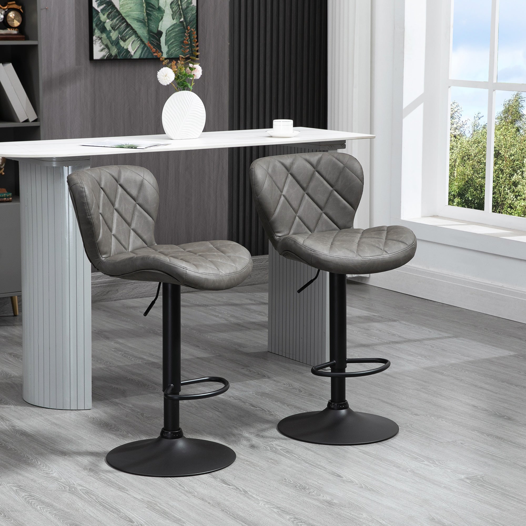 Adjustable Height Bar Stools Set of 2, Swivel Barstools with Backrest and Footrest, Steel Frame Diamond Pattern PU, Kitchen Dining, Dark Grey-1