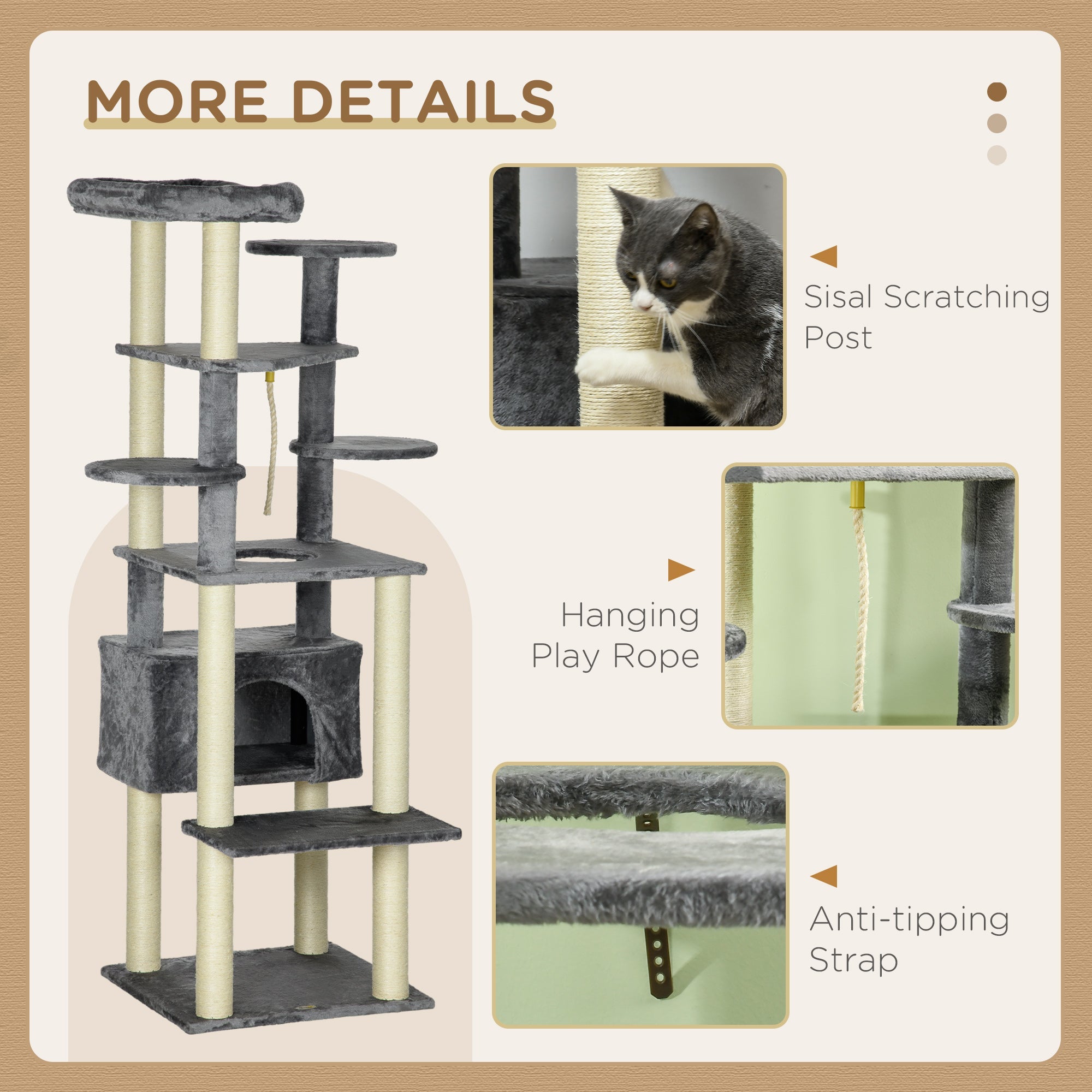 184cm Cat Tree for Indoor Cats, Multi-level Kitten Climbing Tower with Scratching Posts, Cat Bed, Condo, Perches, Hanging Play Rope, Grey-4