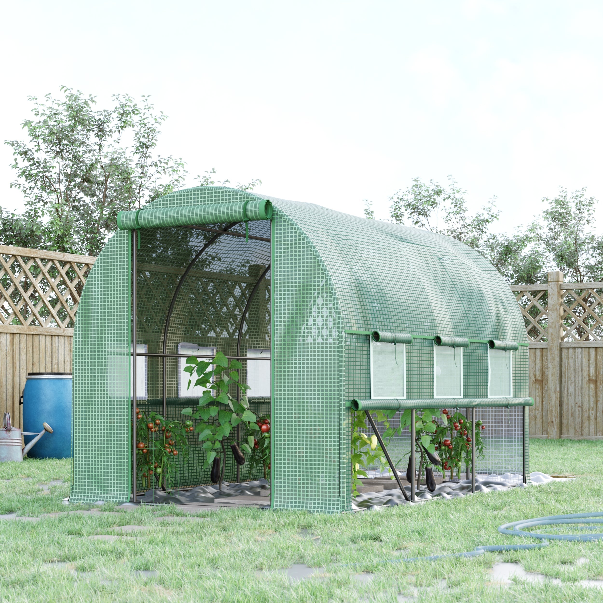 Walk In Greenhouse, Garden Polytunnel with PE Cover, Zipped Roll Up Door and 6 Mesh Windows, 3x2x2m, Green-1