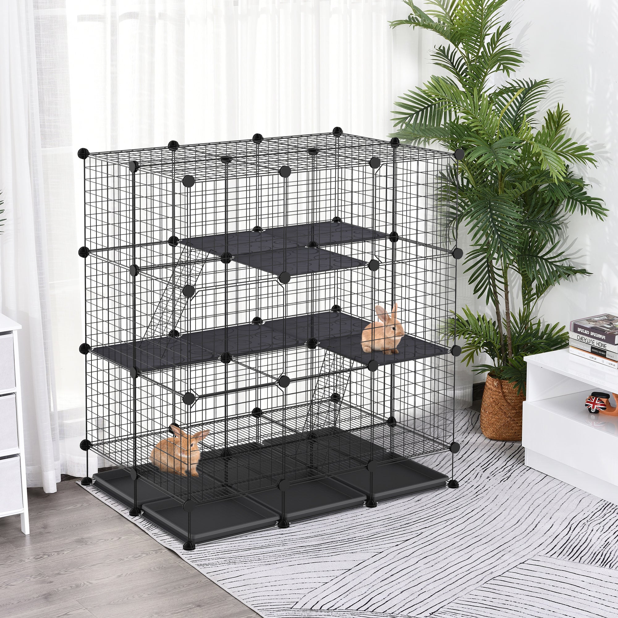 3 Level DIY Pet Playpen Metal Small Animal Cage Guinea Pig Rabbit Ferret Chinchillas Cage 4 Doors Bottom Trays Black-1