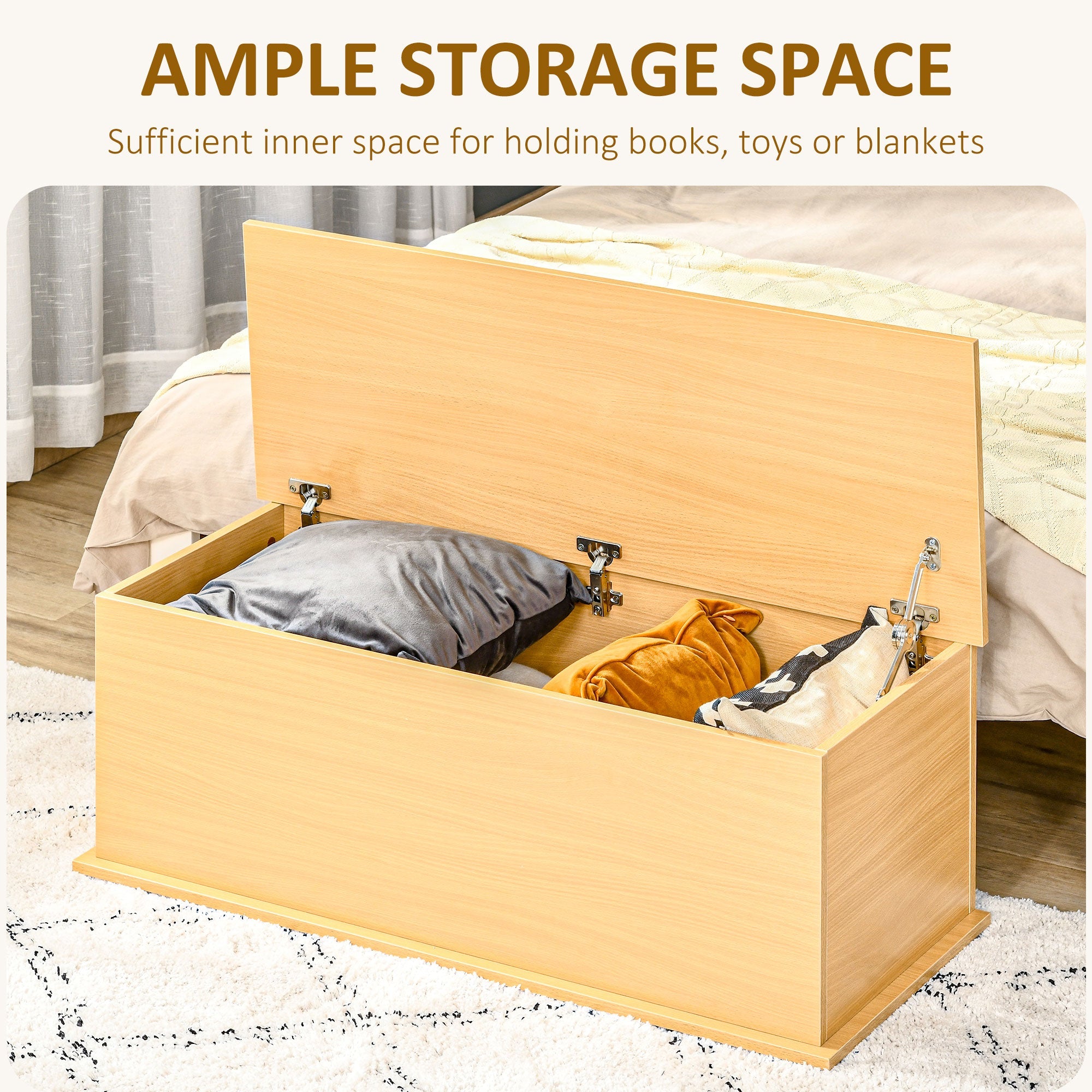 Wooden Storage Trunk Clothes Toy Chest Bench Seat Ottoman Bedding Blanket Trunk Container with Lid - Burlywood-3